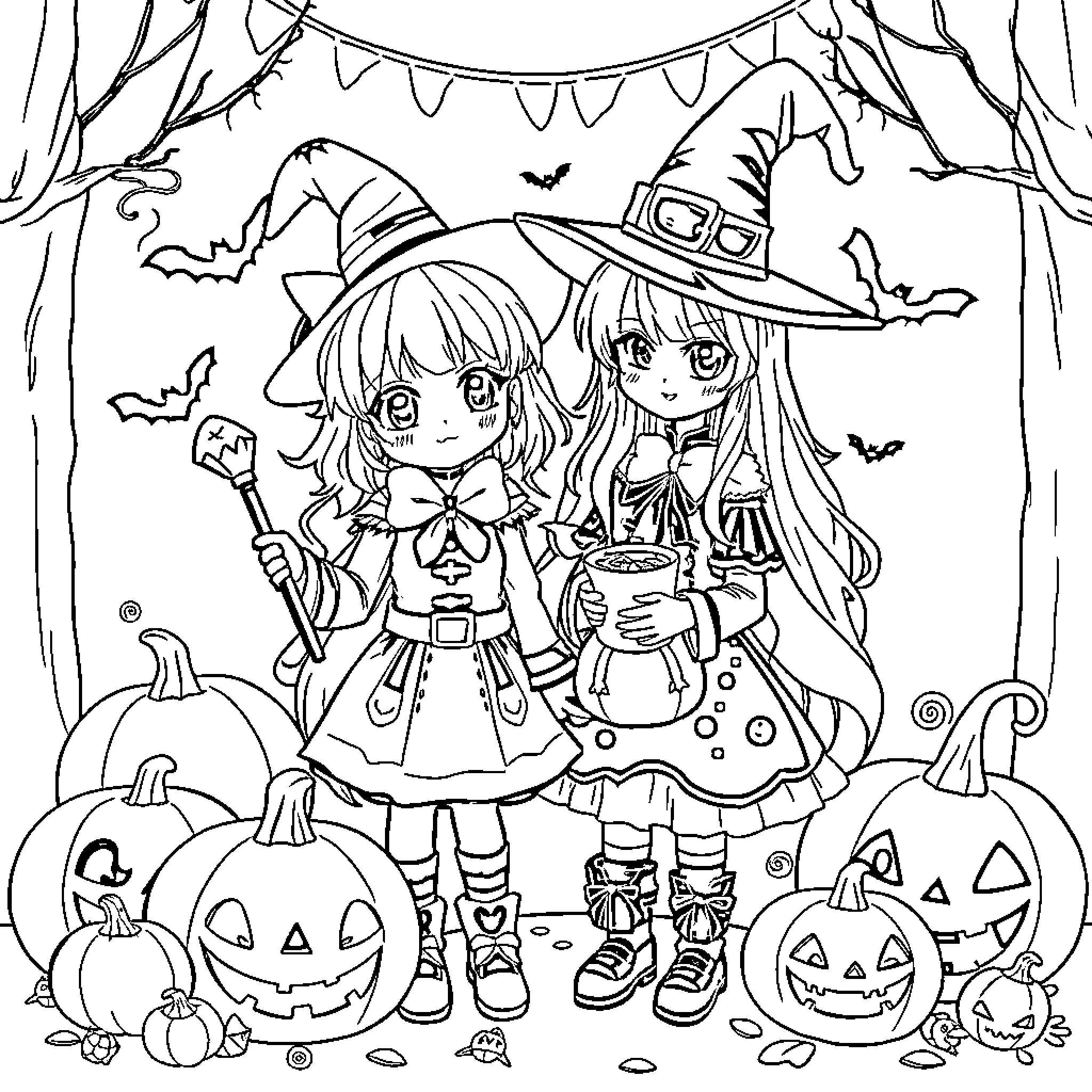 Kuromi and her friend's Halloween adventure Coloring Page (free black-and-white line drawing printable PDF for all, from beginners to advanced learners, including children, teens, adults, and seniors)