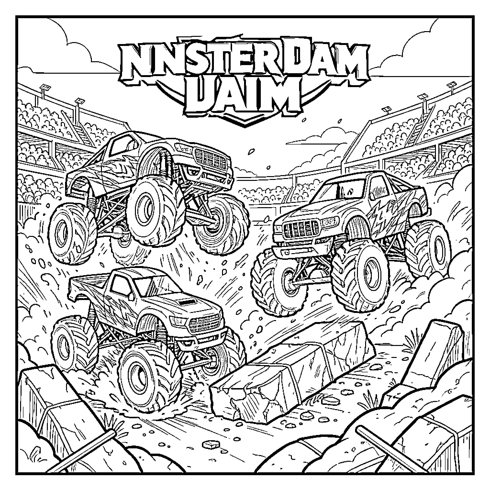 Monster Truck performing jumps and stunts in an arena Coloring Page (free black-and-white line drawing printable PDF for all, from beginners to advanced learners, including children, teens, adults, and seniors)