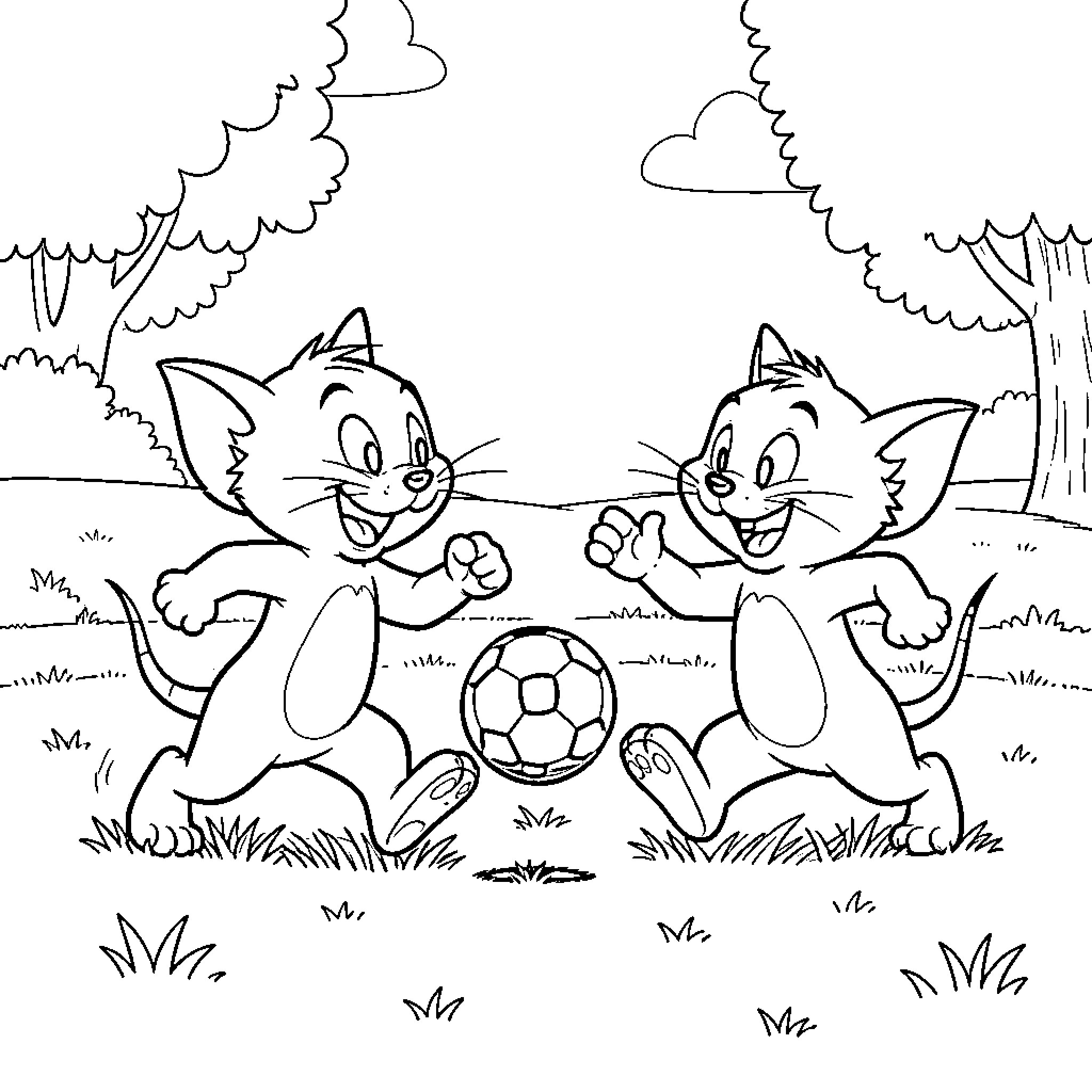 Tom and Jerry playing soccer in the park Coloring Page (free black-and-white line drawing printable PDF for all, from beginners to advanced learners, including children, teens, adults, and seniors)