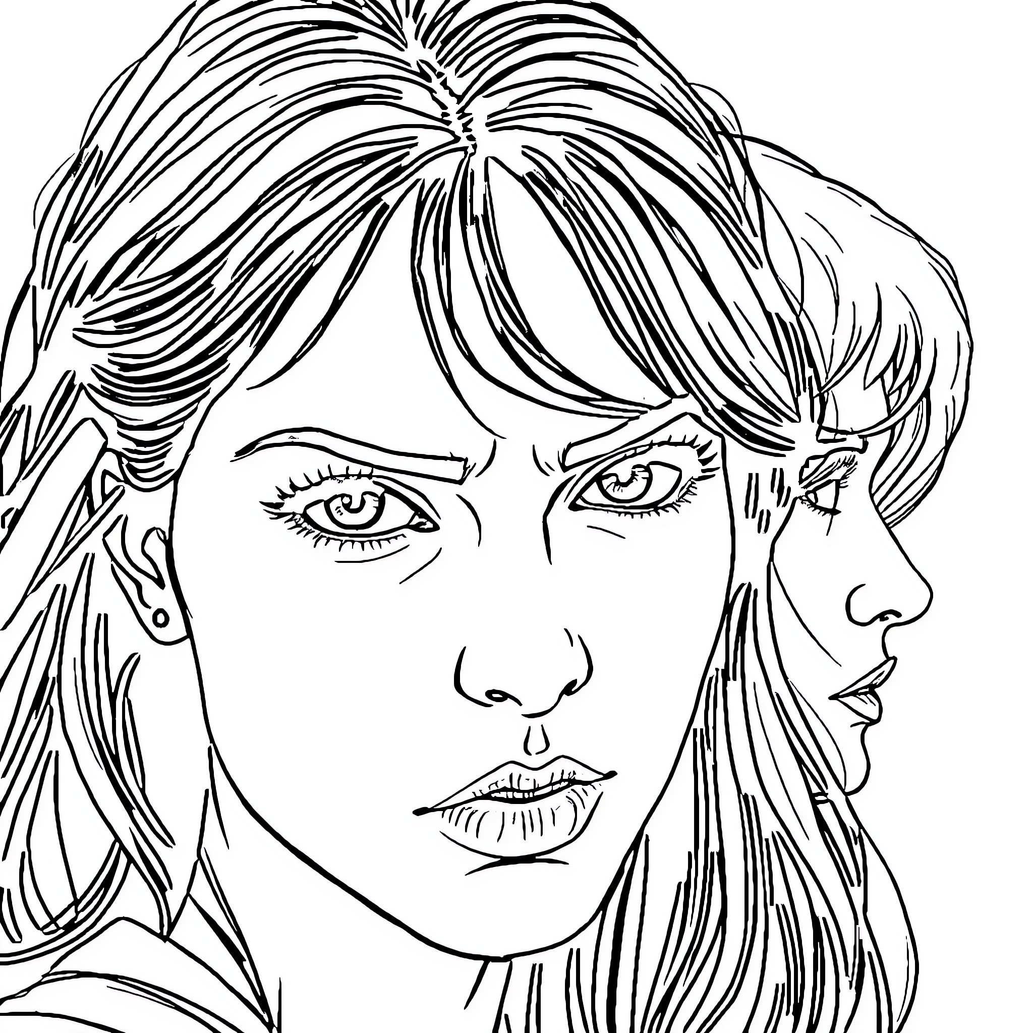 Persona of a thoughtful young woman Coloring Page (free black-and-white line drawing printable PDF for all, from beginners to advanced learners, including children, teens, adults, and seniors)