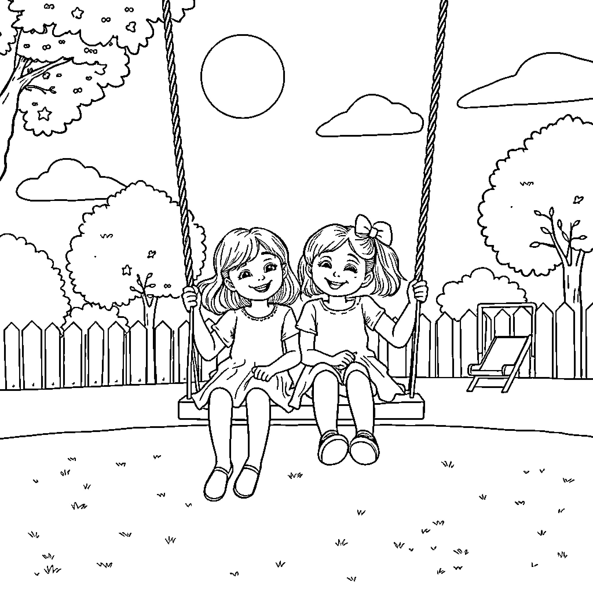Girls enjoying swing in the backyard Coloring Page (free black-and-white line drawing printable PDF for all, from beginners to advanced learners, including children, teens, adults, and seniors)