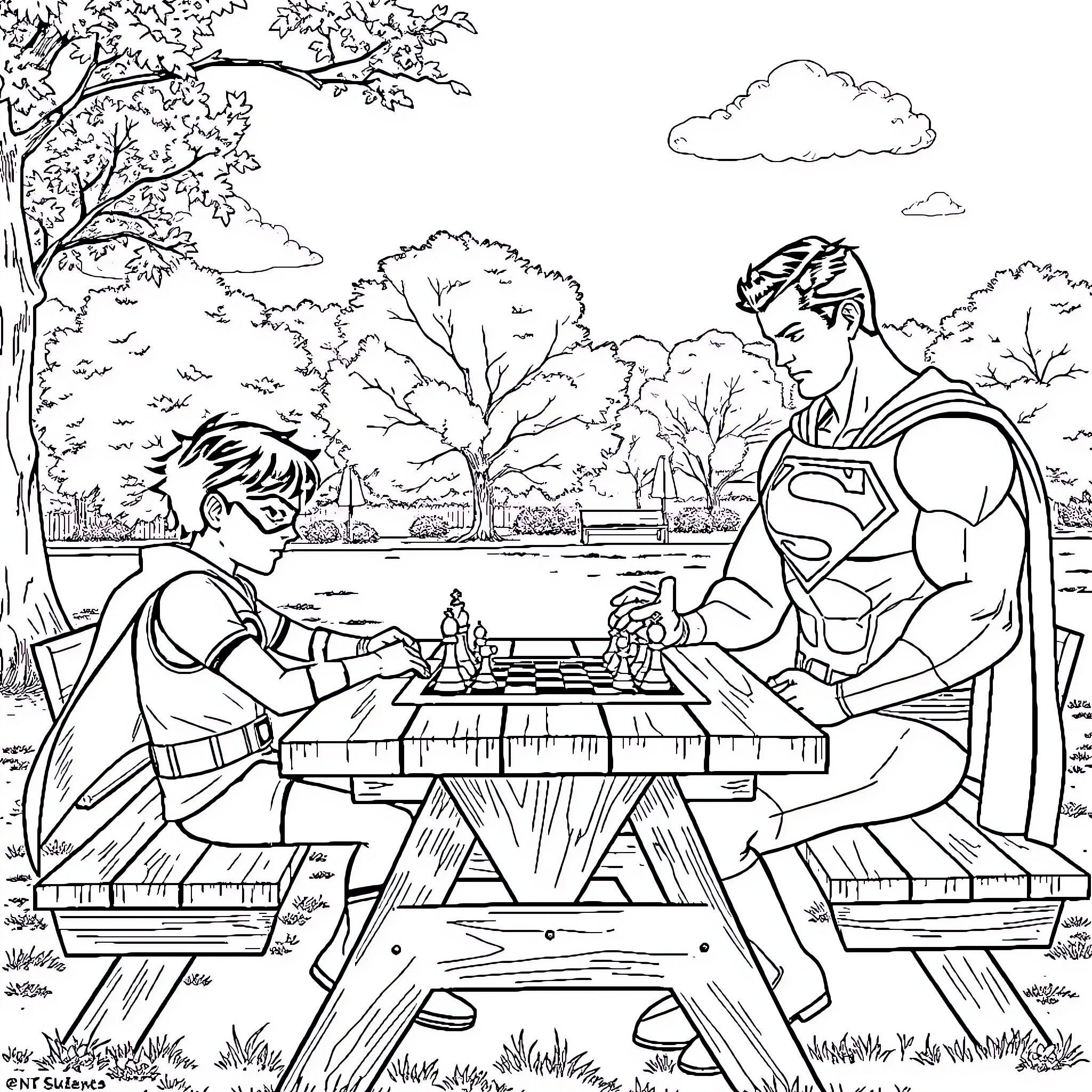 Robin and friends playing chess in the park Coloring Page (free black-and-white line drawing printable PDF for all, from beginners to advanced learners, including children, teens, adults, and seniors)
