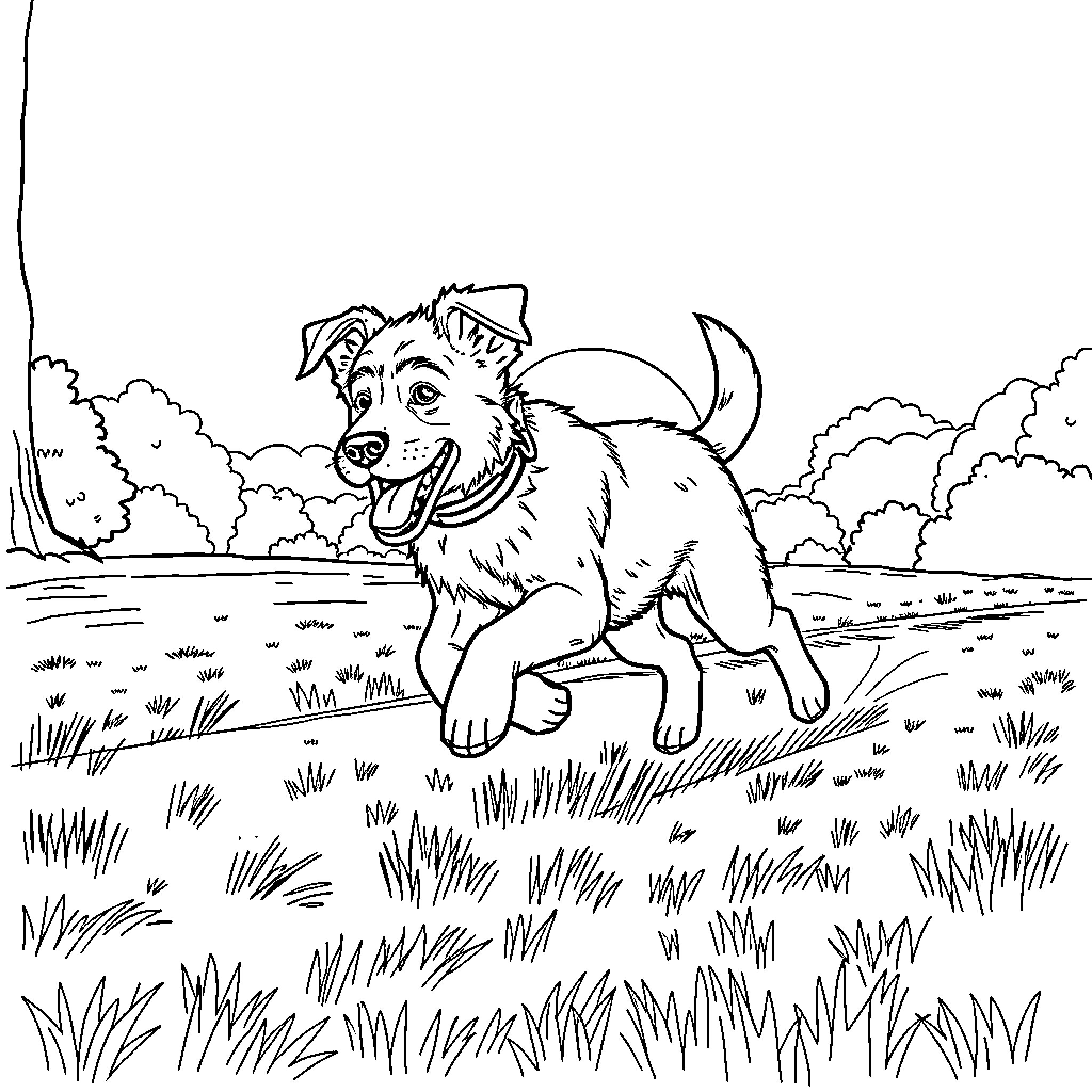 Dog running happily in the field Coloring Page (free black-and-white line drawing printable PDF for all, from beginners to advanced learners, including children, teens, adults, and seniors)