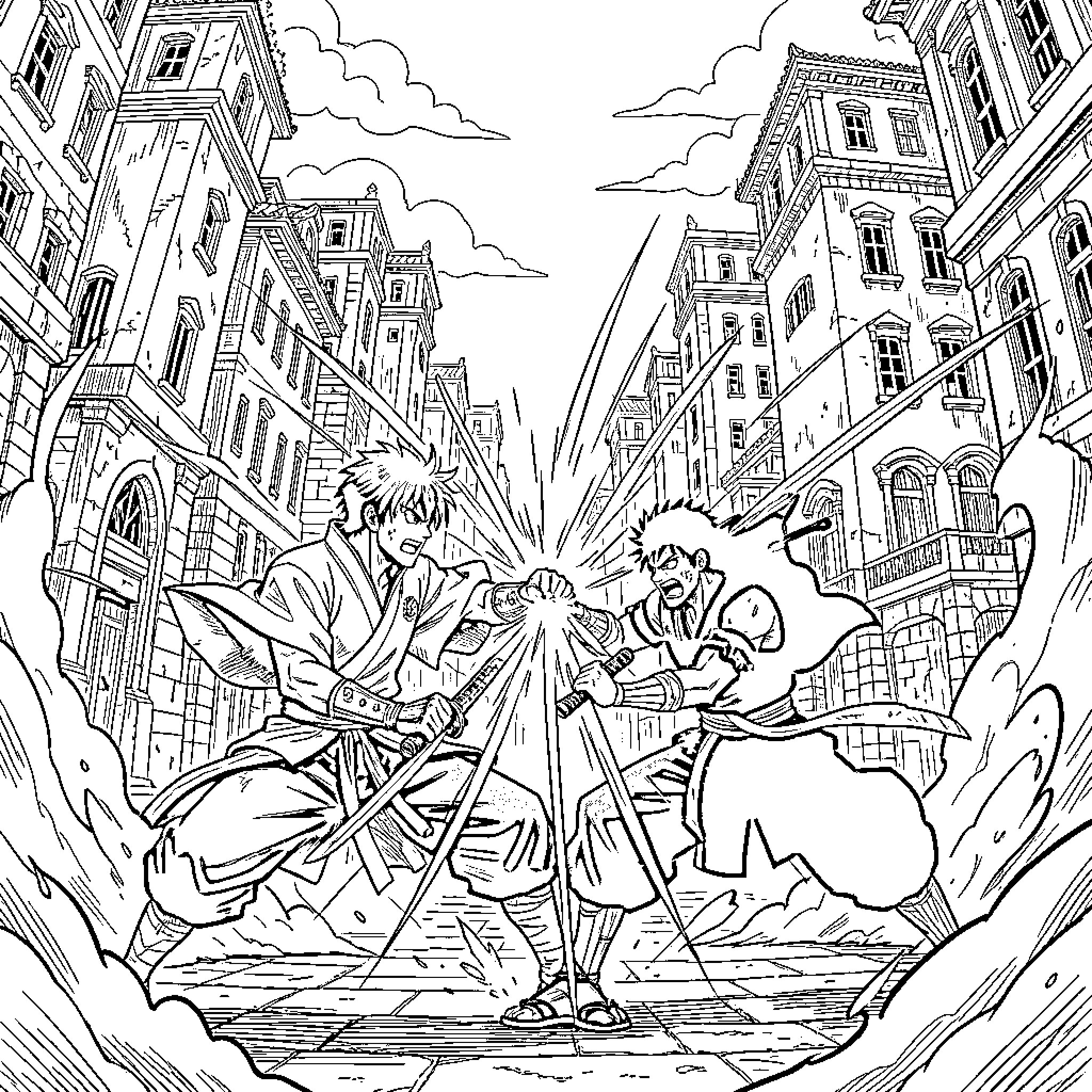 Ichigo engaged in an intense sword battle against a foe Coloring Page (free black-and-white line drawing printable PDF for all, from beginners to advanced learners, including children, teens, adults, and seniors)