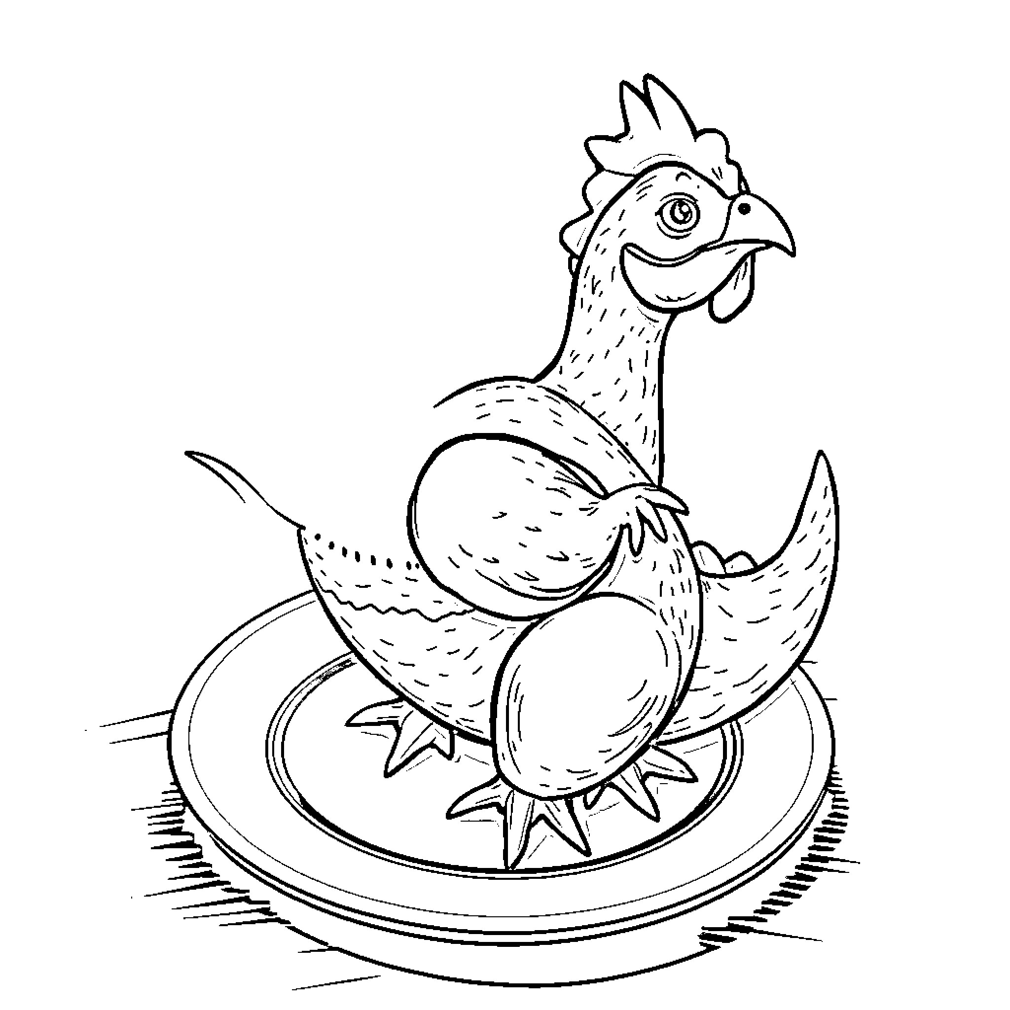 Dinosaur chicken happily standing on a plate Coloring Page (free black-and-white line drawing printable PDF for all, from beginners to advanced learners, including children, teens, adults, and seniors)