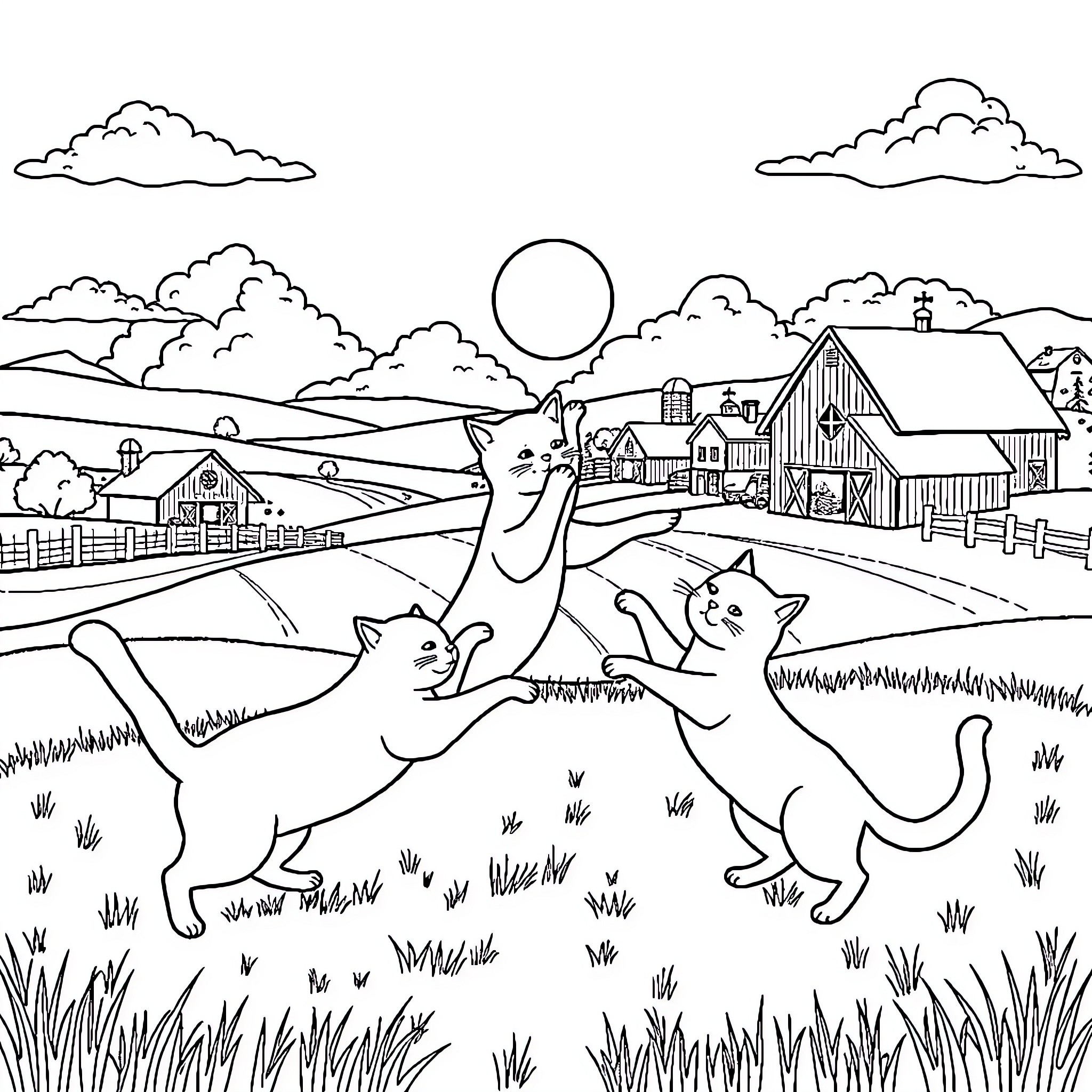 Cats exploring the countryside farmhouse Coloring Page (free black-and-white line drawing printable PDF for all, from beginners to advanced learners, including children, teens, adults, and seniors)