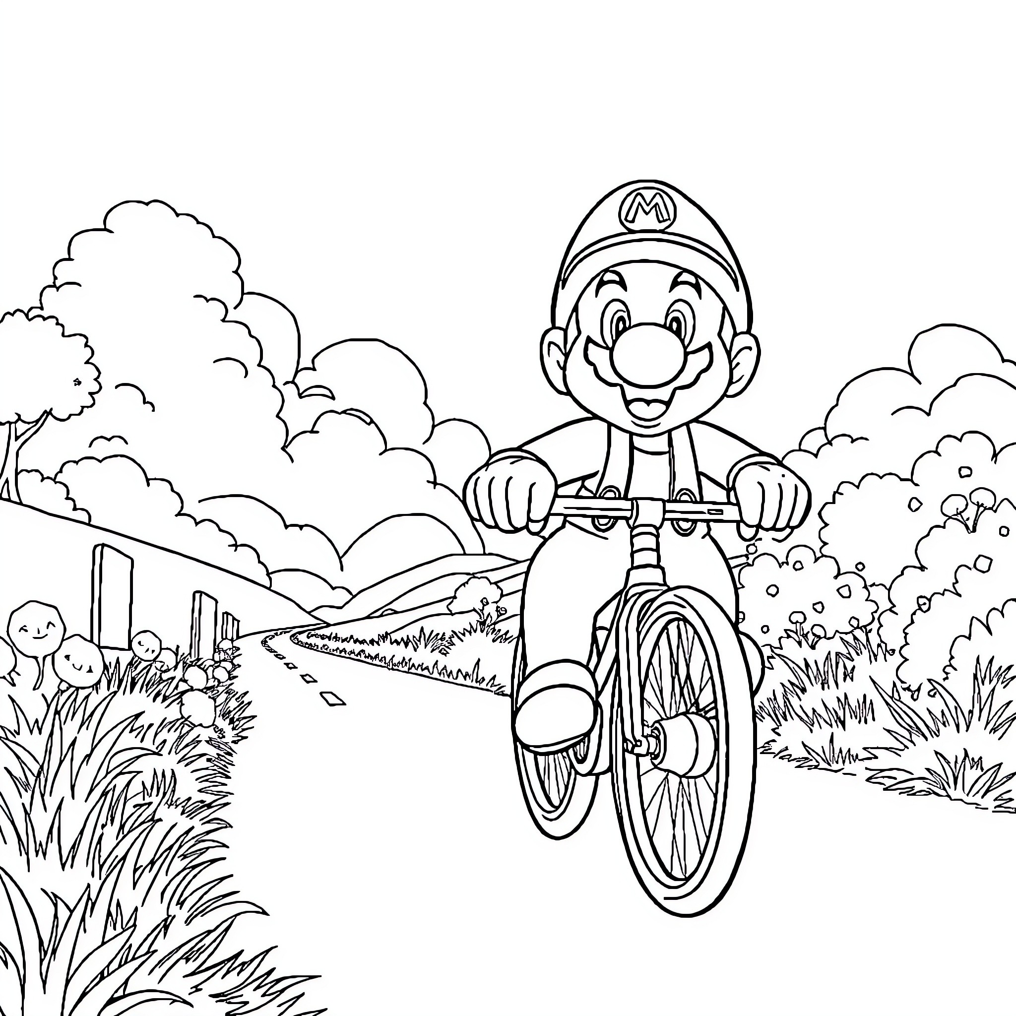 Mario Riding Bicycle through the Countryside Coloring Page (free black-and-white line drawing printable PDF for all, from beginners to advanced learners, including children, teens, adults, and seniors)