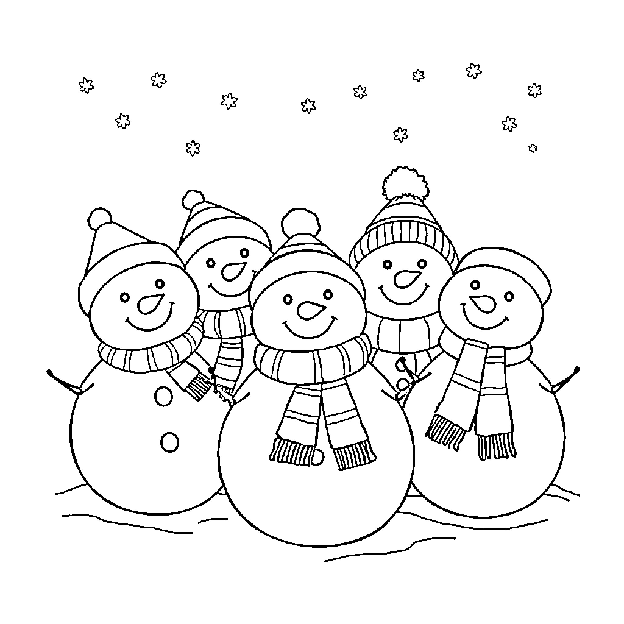Snowman friends enjoying the winter weather Coloring Page (free black-and-white line drawing printable PDF for all, from beginners to advanced learners, including children, teens, adults, and seniors)