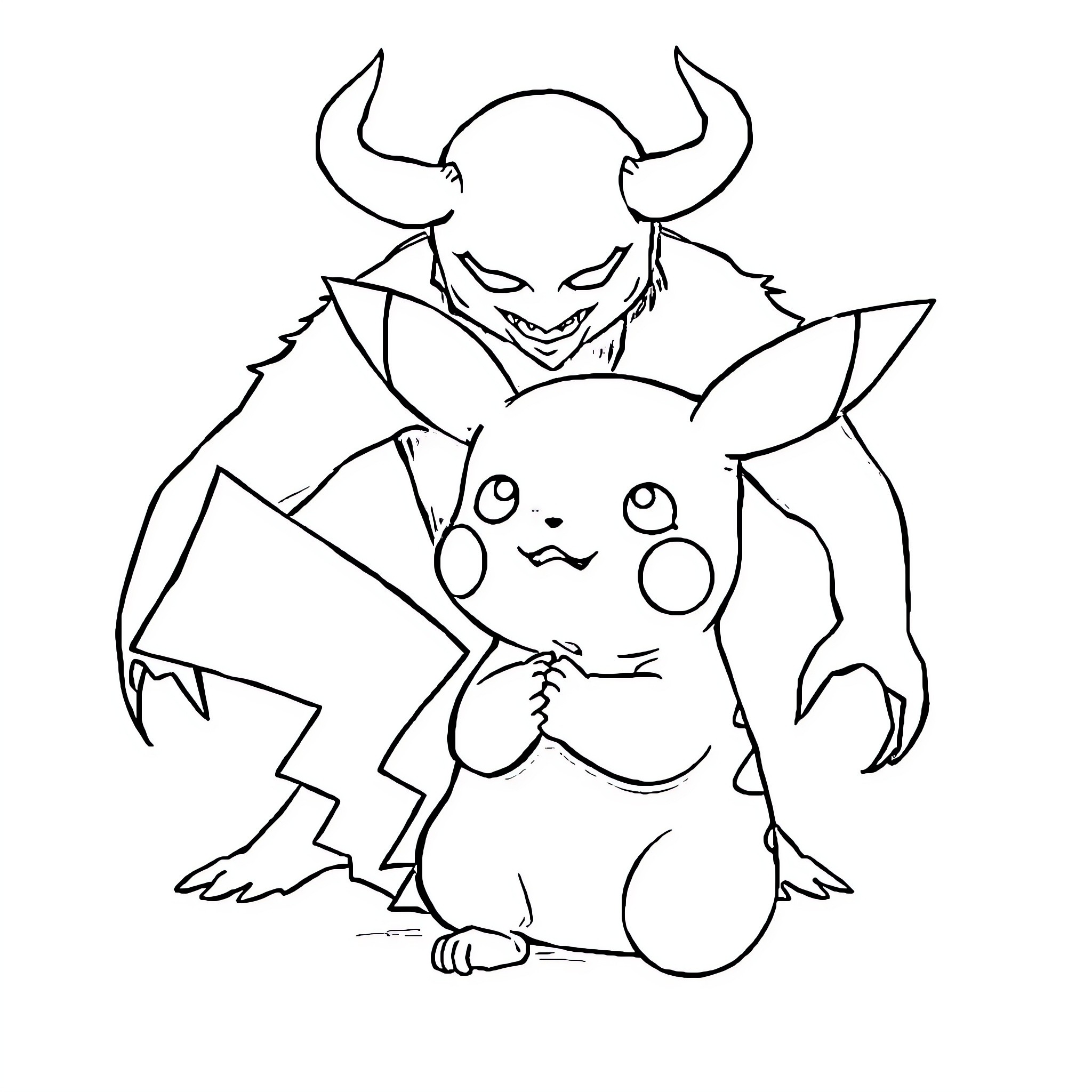 Pikachu with a mischievous demon companion Coloring Page (free black-and-white line drawing printable PDF for all, from beginners to advanced learners, including children, teens, adults, and seniors)
