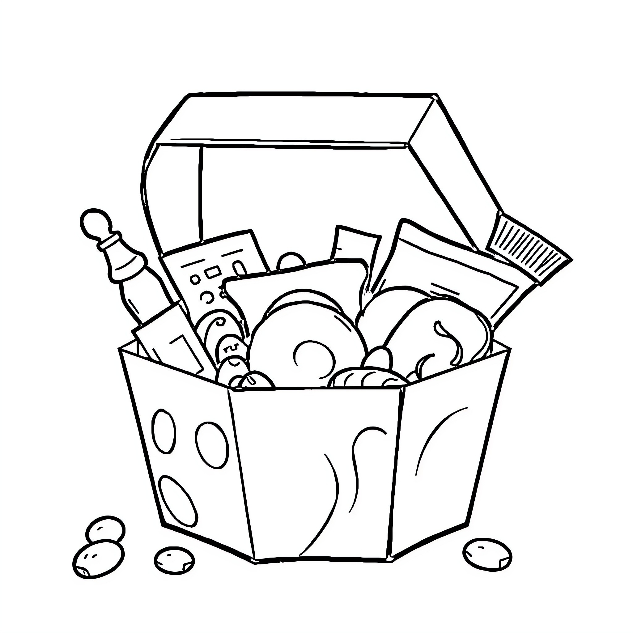Carton box filled with various objects Coloring Page (free black-and-white line drawing printable PDF for all, from beginners to advanced learners, including children, teens, adults, and seniors)