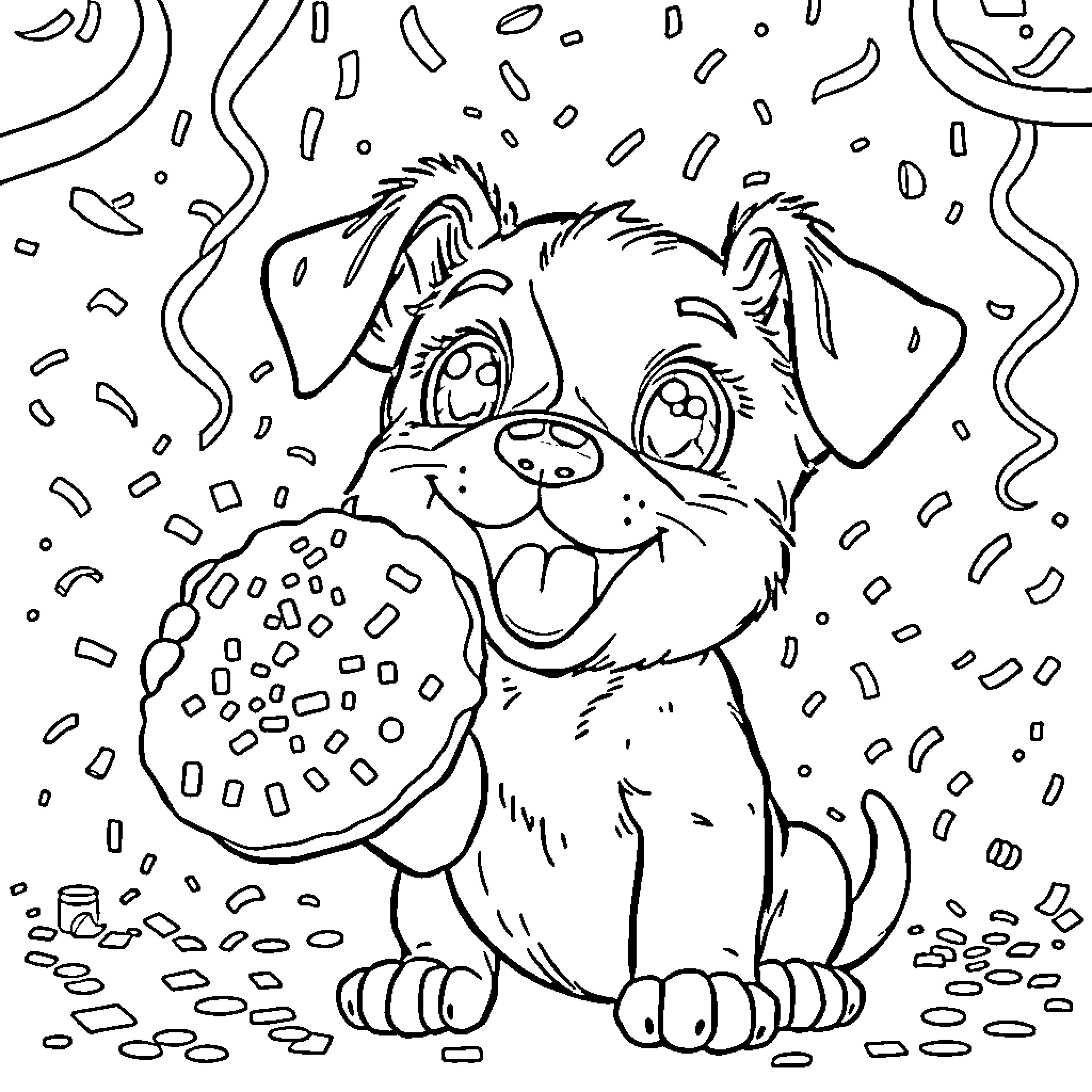 Puppy playing happily with toy in the snow Coloring Page (free black-and-white line drawing printable PDF for all, from beginners to advanced learners, including children, teens, adults, and seniors)