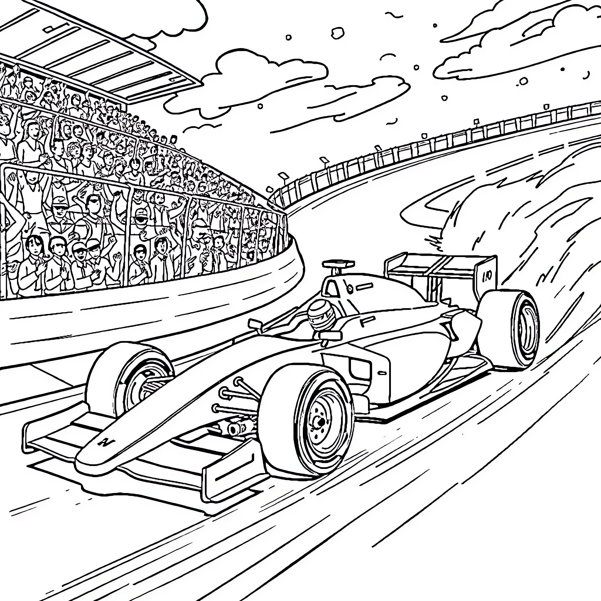 Formula One Car Racing on Track with Spectators Coloring Page (free black-and-white line drawing printable PDF for all, from beginners to advanced learners, including children, teens, adults, and seniors)