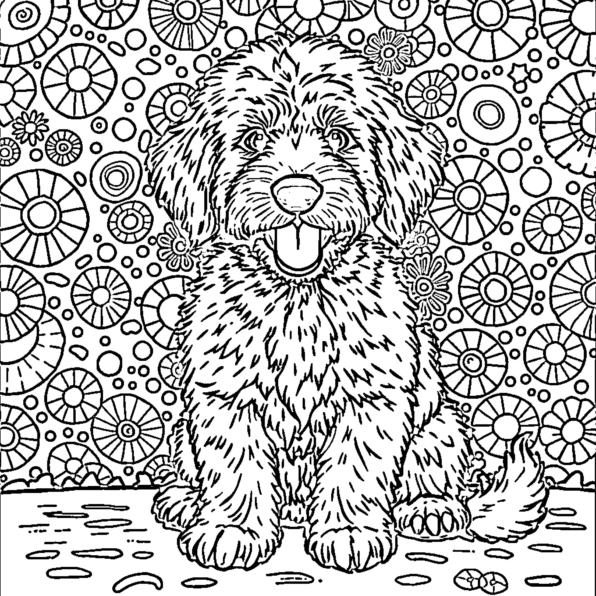 Doodle of a Cheerful Pup in Floral Surroundings Coloring Page (free black-and-white line drawing printable PDF for all, from beginners to advanced learners, including children, teens, adults, and seniors)