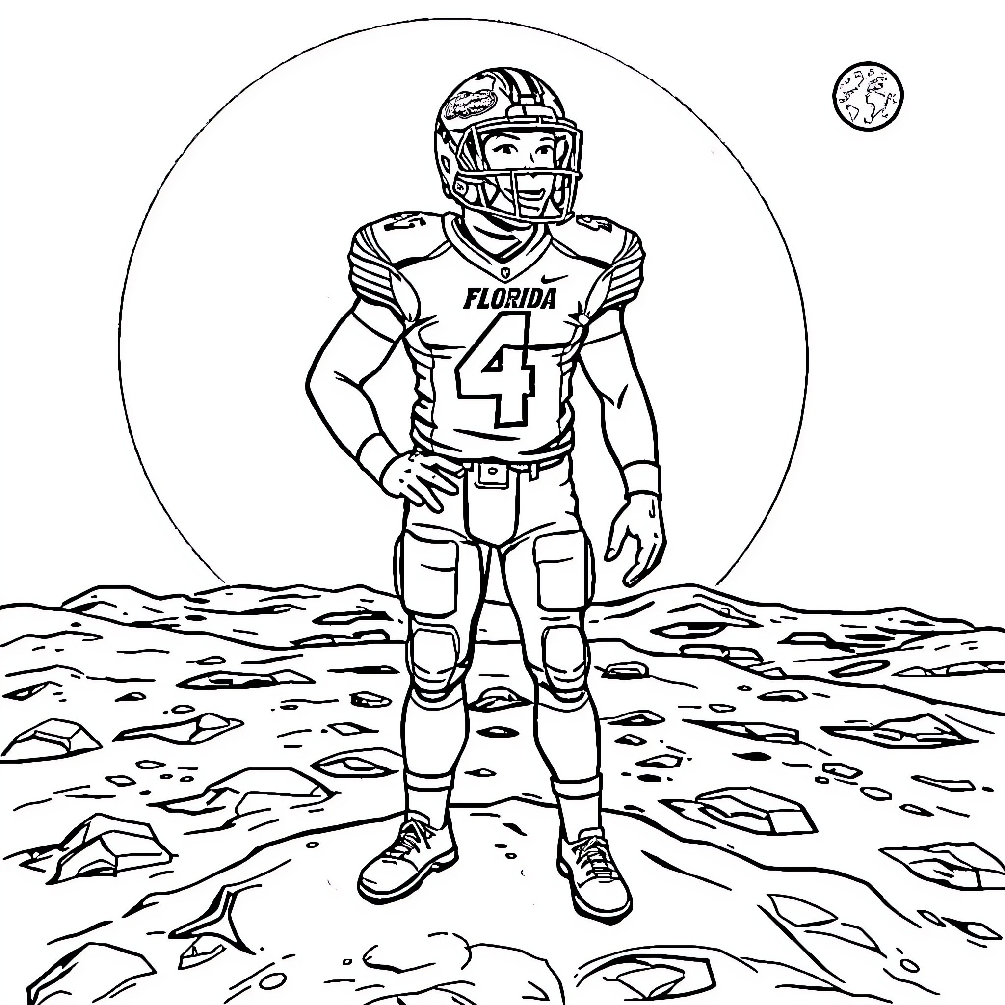 Football Player Stands Firm on the Field Coloring Page (free black-and-white line drawing printable PDF for all, from beginners to advanced learners, including children, teens, adults, and seniors)