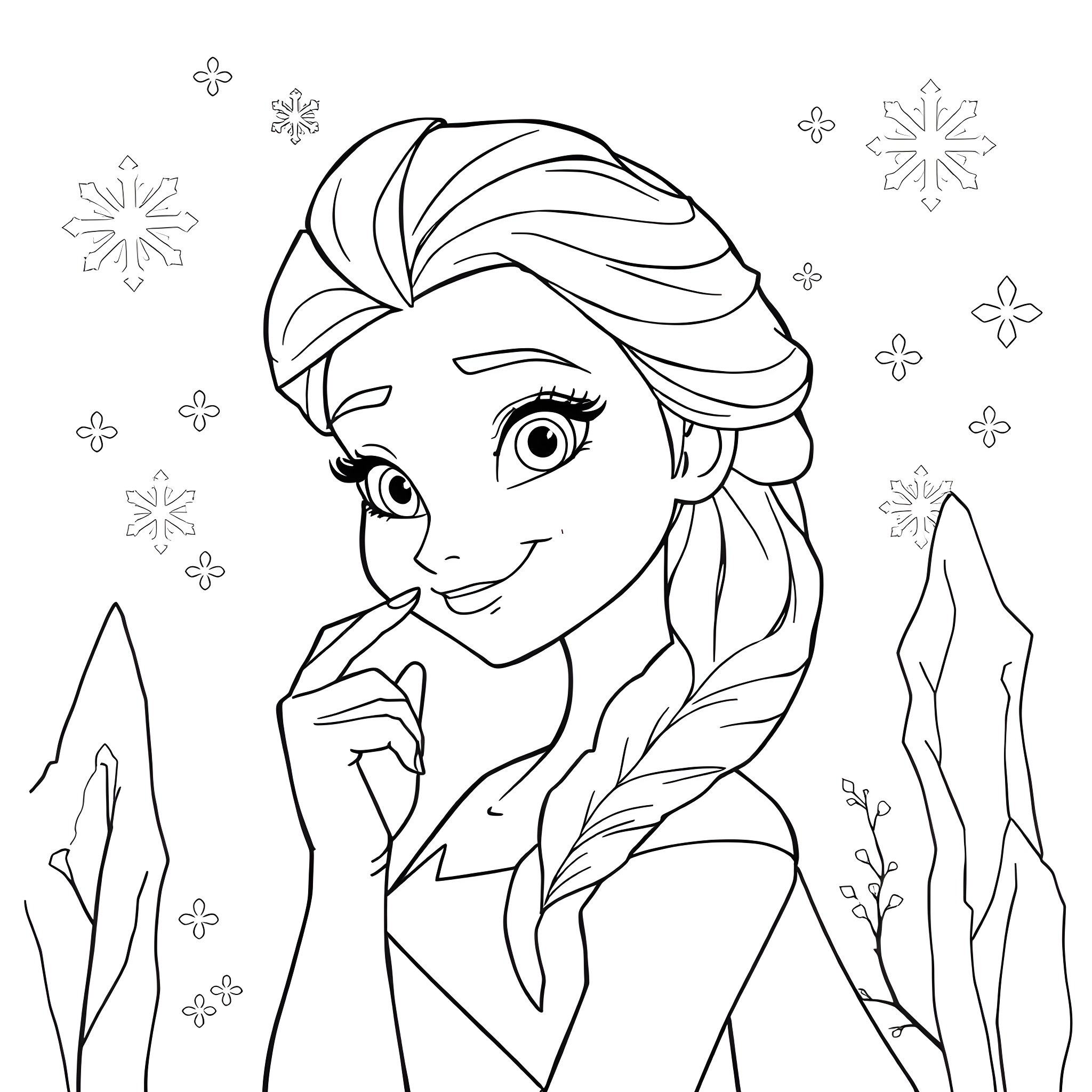 Elsa's Winter Wonderland Coloring Page (free black-and-white line drawing printable PDF for all, from beginners to advanced learners, including children, teens, adults, and seniors)