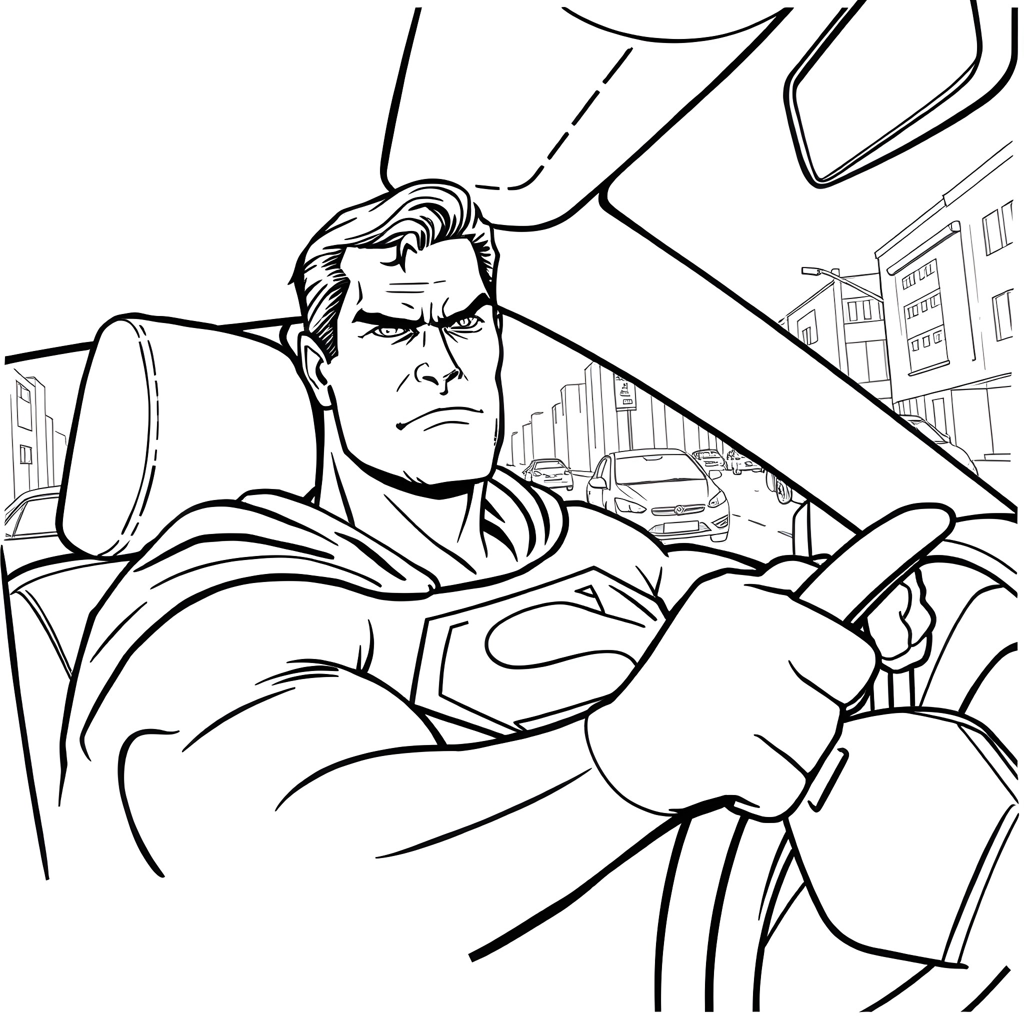 Superman Heroically Navigating the City Coloring Page (free black-and-white line drawing printable PDF for all, from beginners to advanced learners, including children, teens, adults, and seniors)