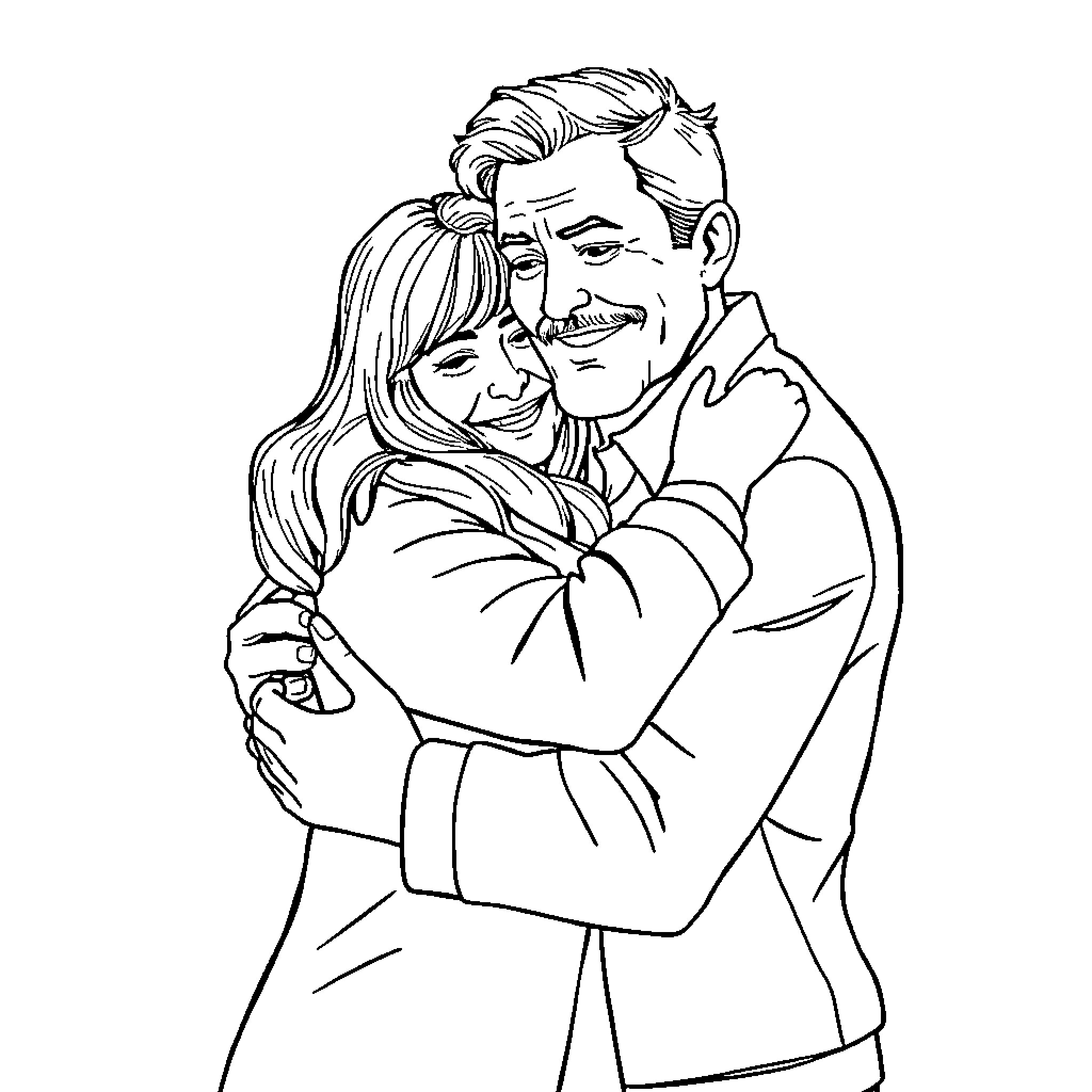 Man and Woman in Warm Embrace Coloring Page (free black-and-white line drawing printable PDF for all, from beginners to advanced learners, including children, teens, adults, and seniors)