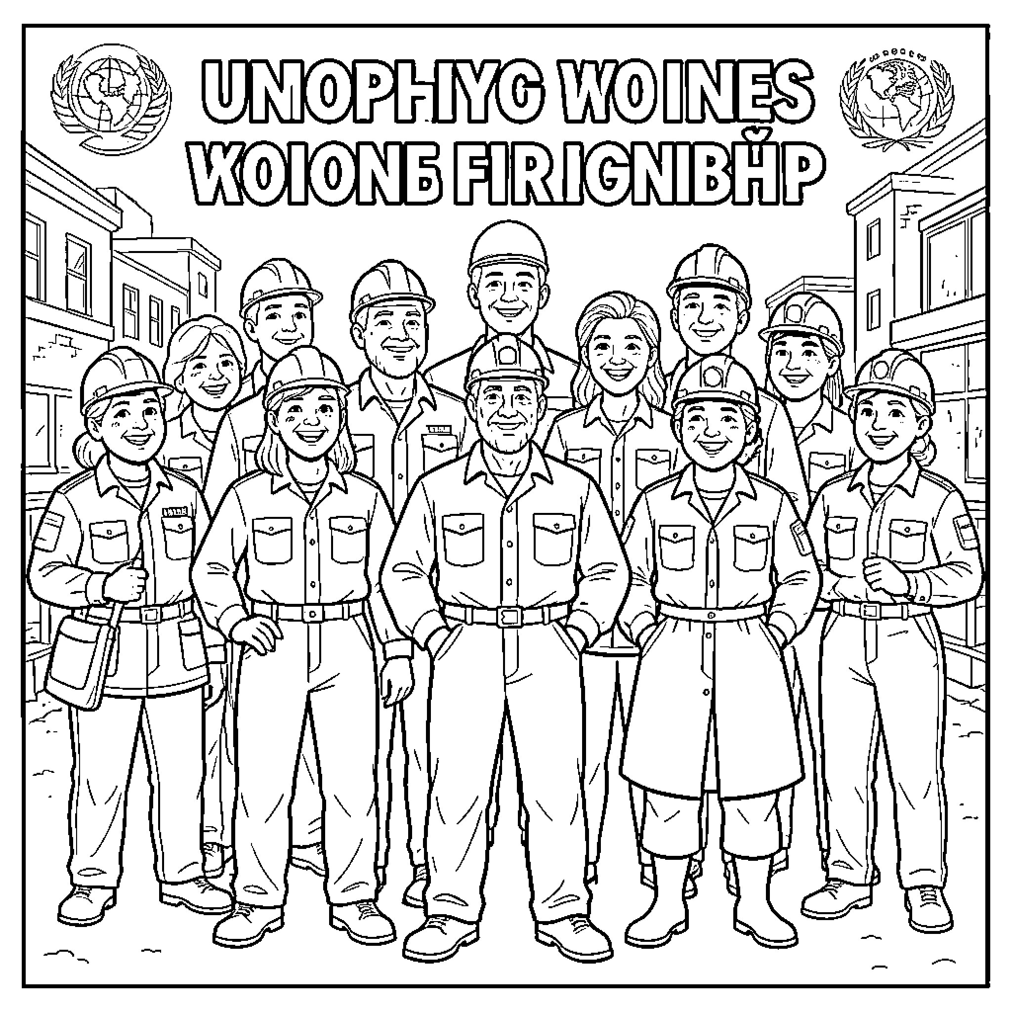 Worker group portrait in uniform Coloring Page (free black-and-white line drawing printable PDF for all, from beginners to advanced learners, including children, teens, adults, and seniors)