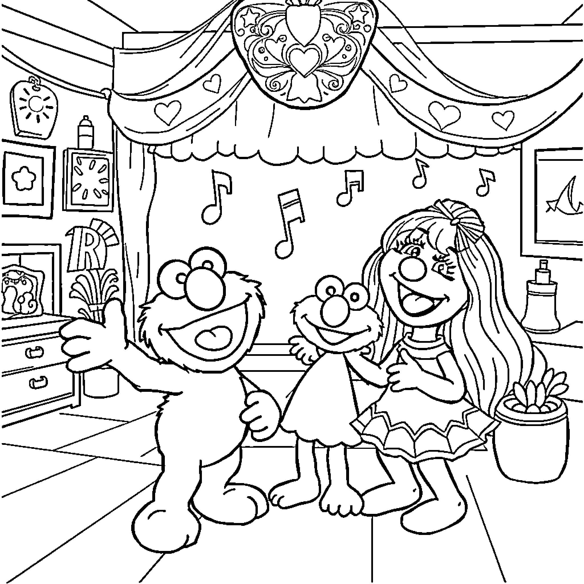Elmo and friends enjoying a musical performance Coloring Page (free black-and-white line drawing printable PDF for all, from beginners to advanced learners, including children, teens, adults, and seniors)