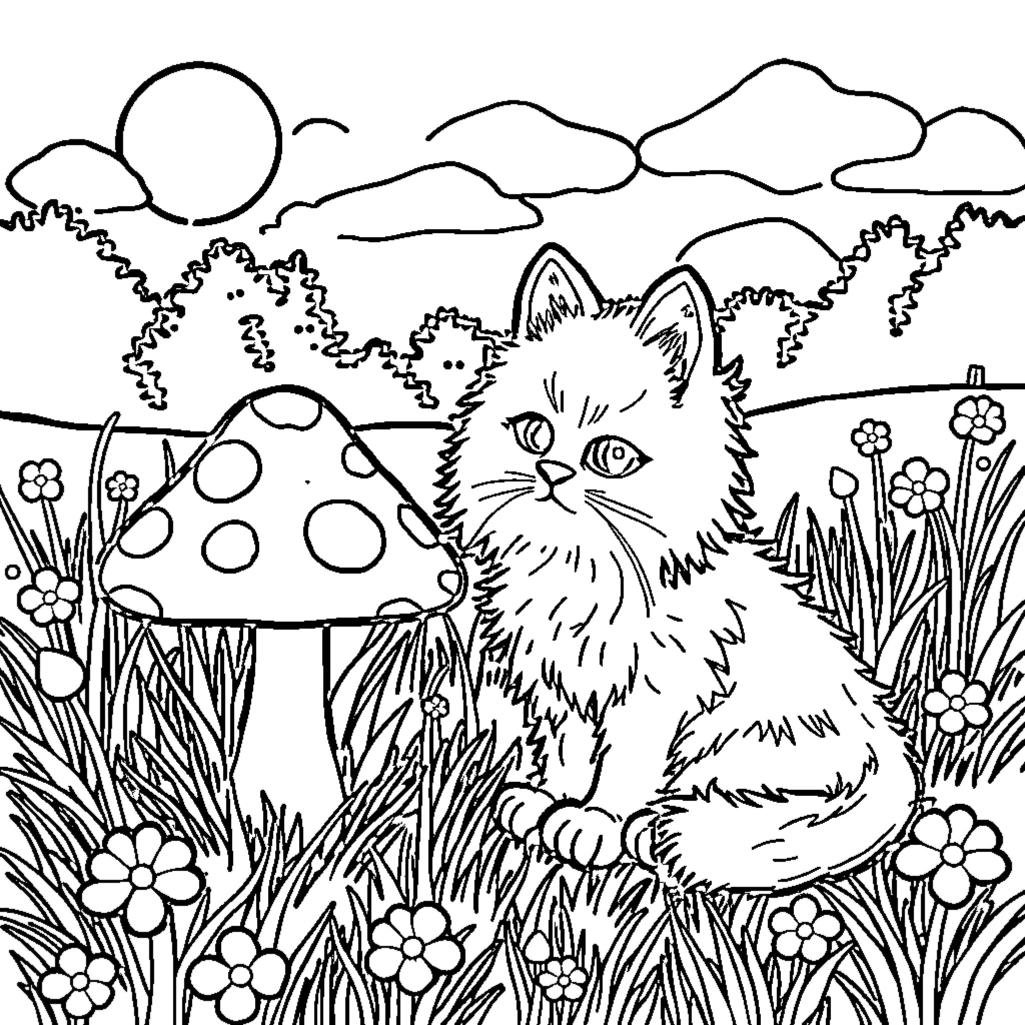 Kitty Exploring the Enchanted Forest Coloring Page (free black-and-white line drawing printable PDF for all, from beginners to advanced learners, including children, teens, adults, and seniors)