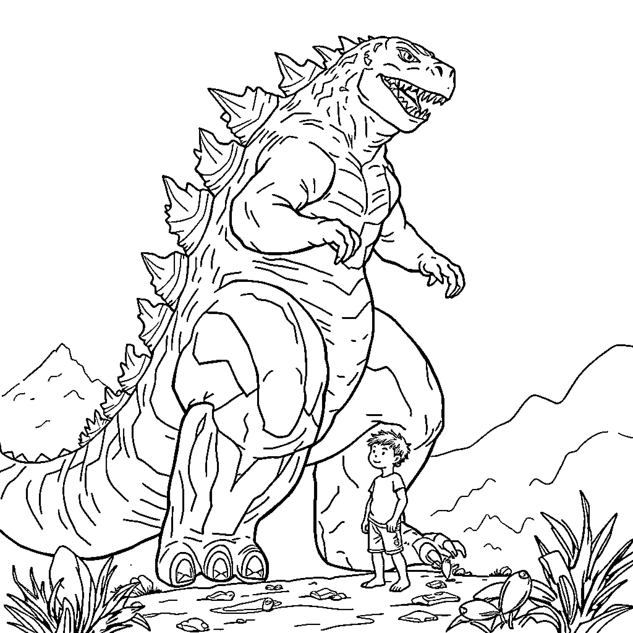 Godzilla confronts a small child in a natural landscape Coloring Page (free black-and-white line drawing printable PDF for all, from beginners to advanced learners, including children, teens, adults, and seniors)