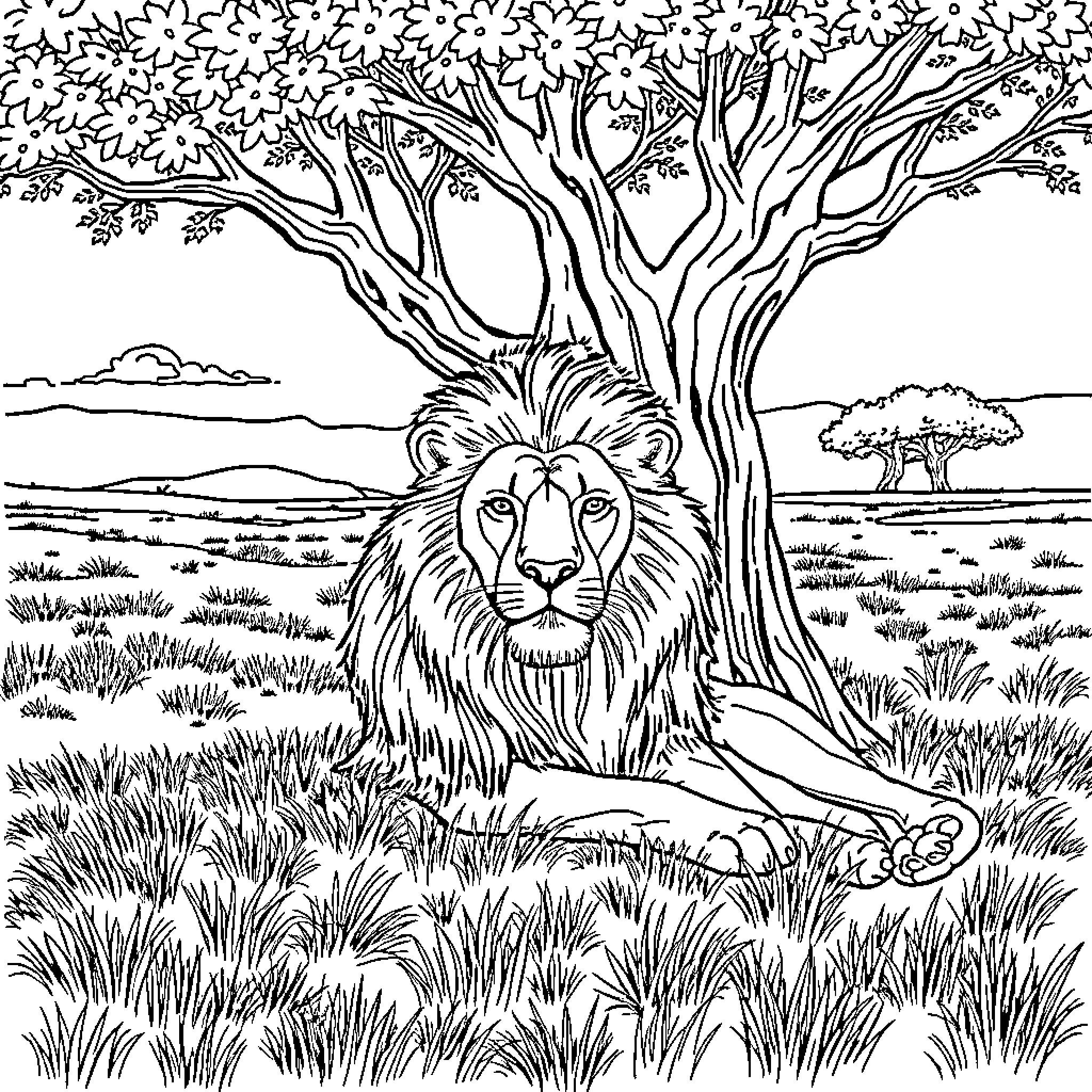 Lion resting peacefully in the African savanna Coloring Page (free black-and-white line drawing printable PDF for all, from beginners to advanced learners, including children, teens, adults, and seniors)
