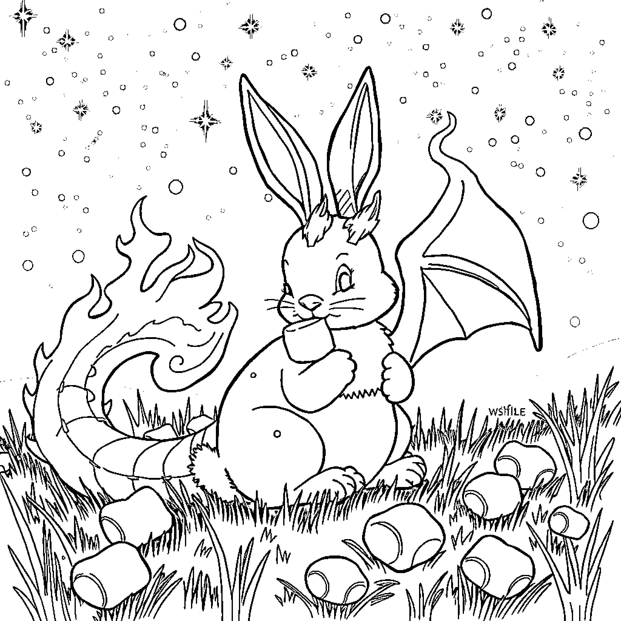 Bunny with magical bat-like wings in a starry night Coloring Page (free black-and-white line drawing printable PDF for all, from beginners to advanced learners, including children, teens, adults, and seniors)