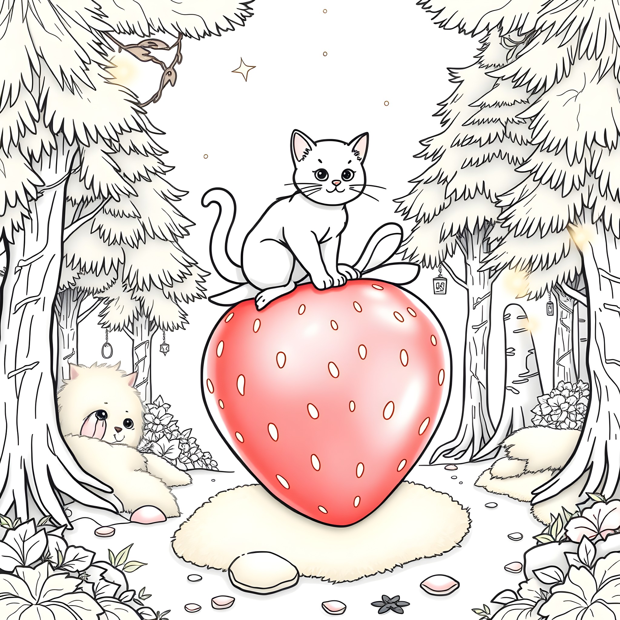 Cat on a Whimsical Strawberry in the Forest Coloring Page (free black-and-white line drawing printable PDF for all, from beginners to advanced learners, including children, teens, adults, and seniors)