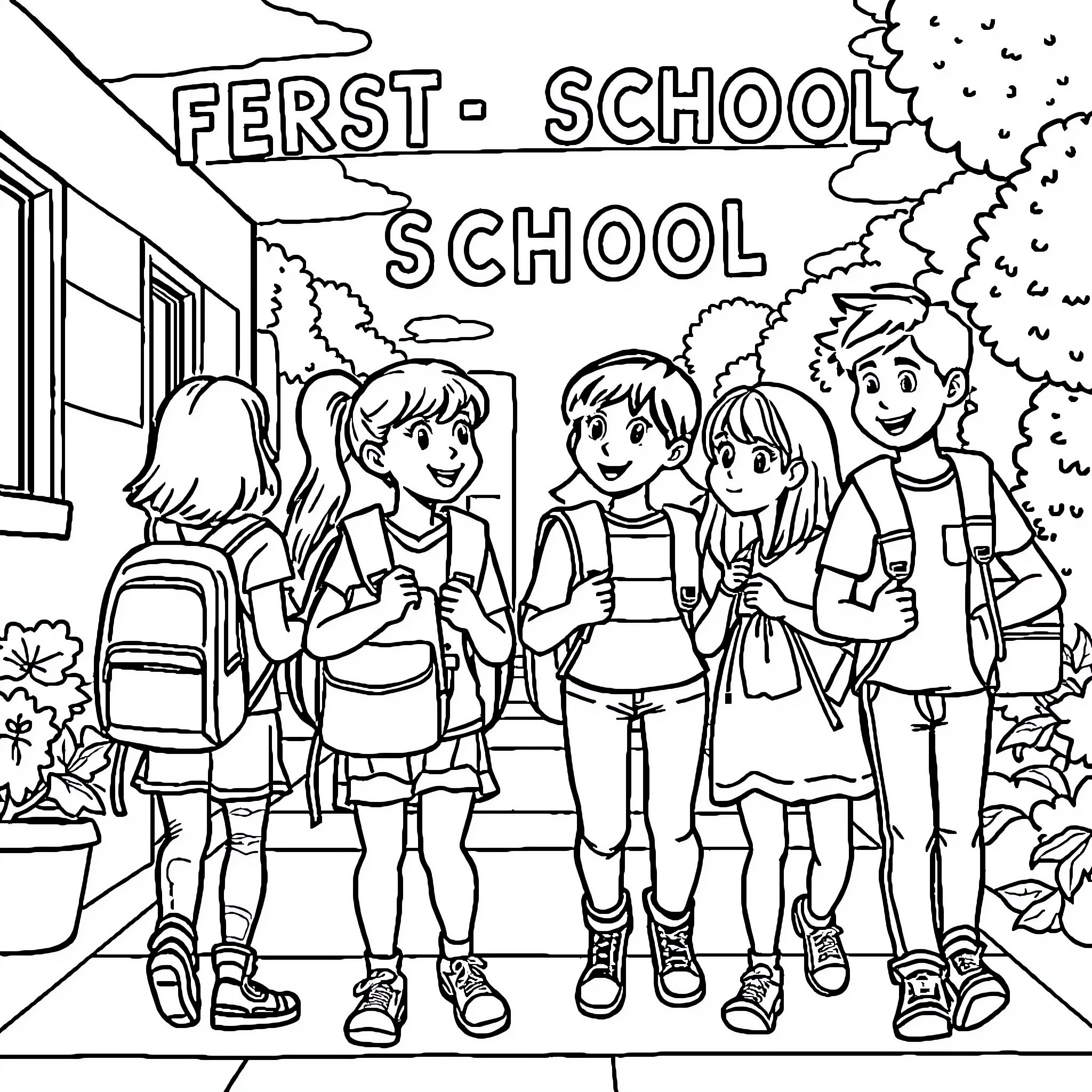 School Children Excited for First Day of School Coloring Page (free black-and-white line drawing printable PDF for all, from beginners to advanced learners, including children, teens, adults, and seniors)