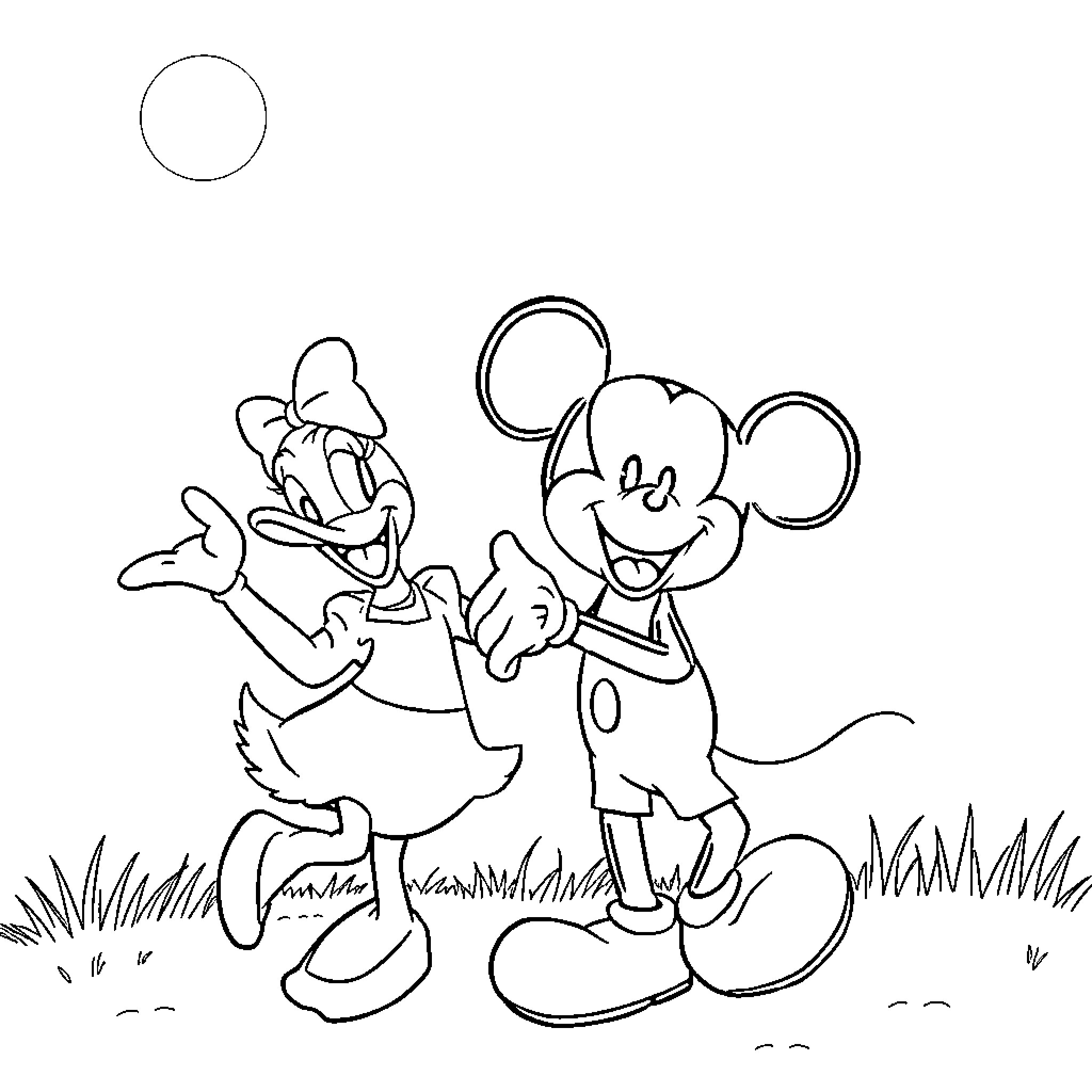Mickey Mouse and Minnie Mouse enjoying the outdoors Coloring Page (free black-and-white line drawing printable PDF for all, from beginners to advanced learners, including children, teens, adults, and seniors)