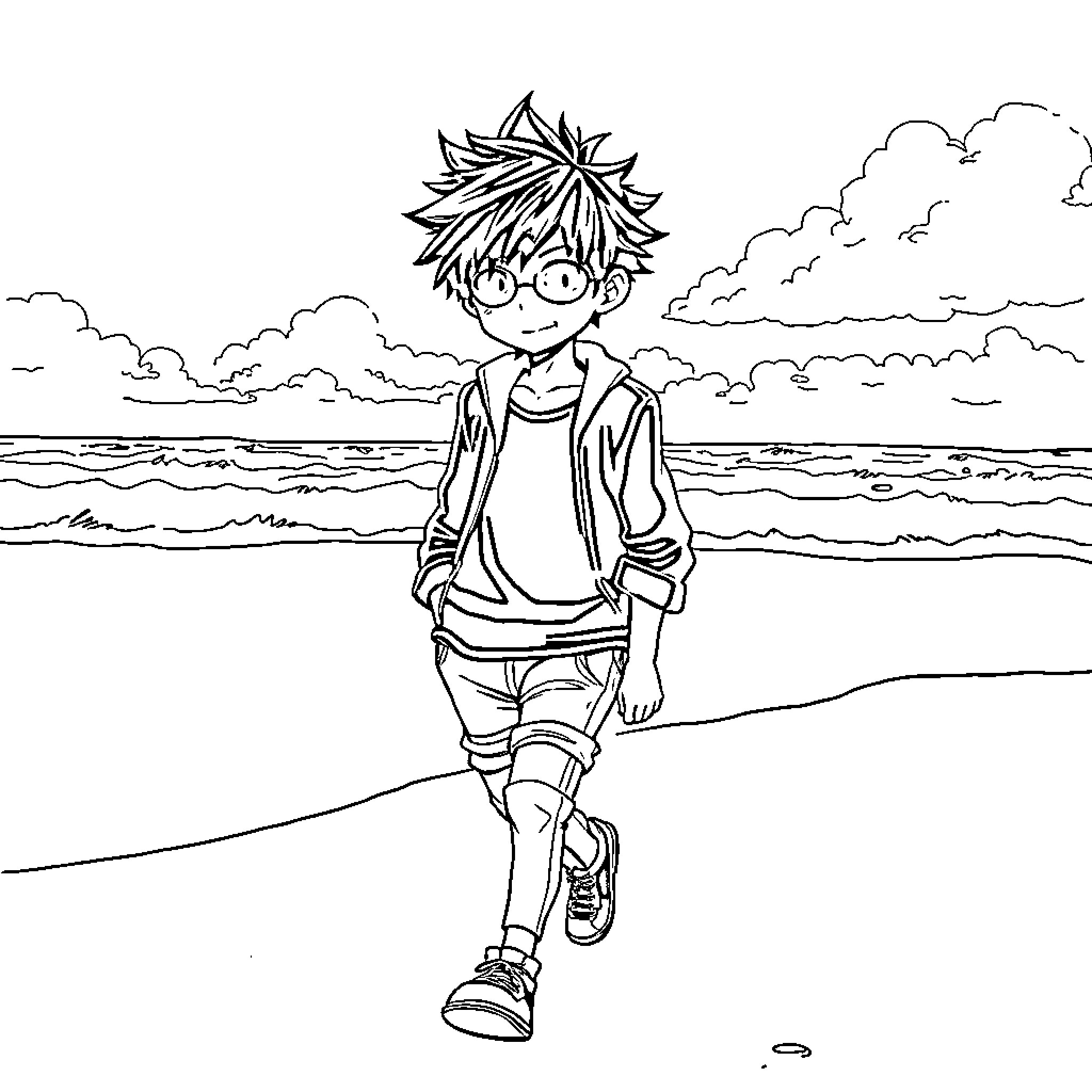 Dabi's Beach Stroll Coloring Page (free black-and-white line drawing printable PDF for all, from beginners to advanced learners, including children, teens, adults, and seniors)