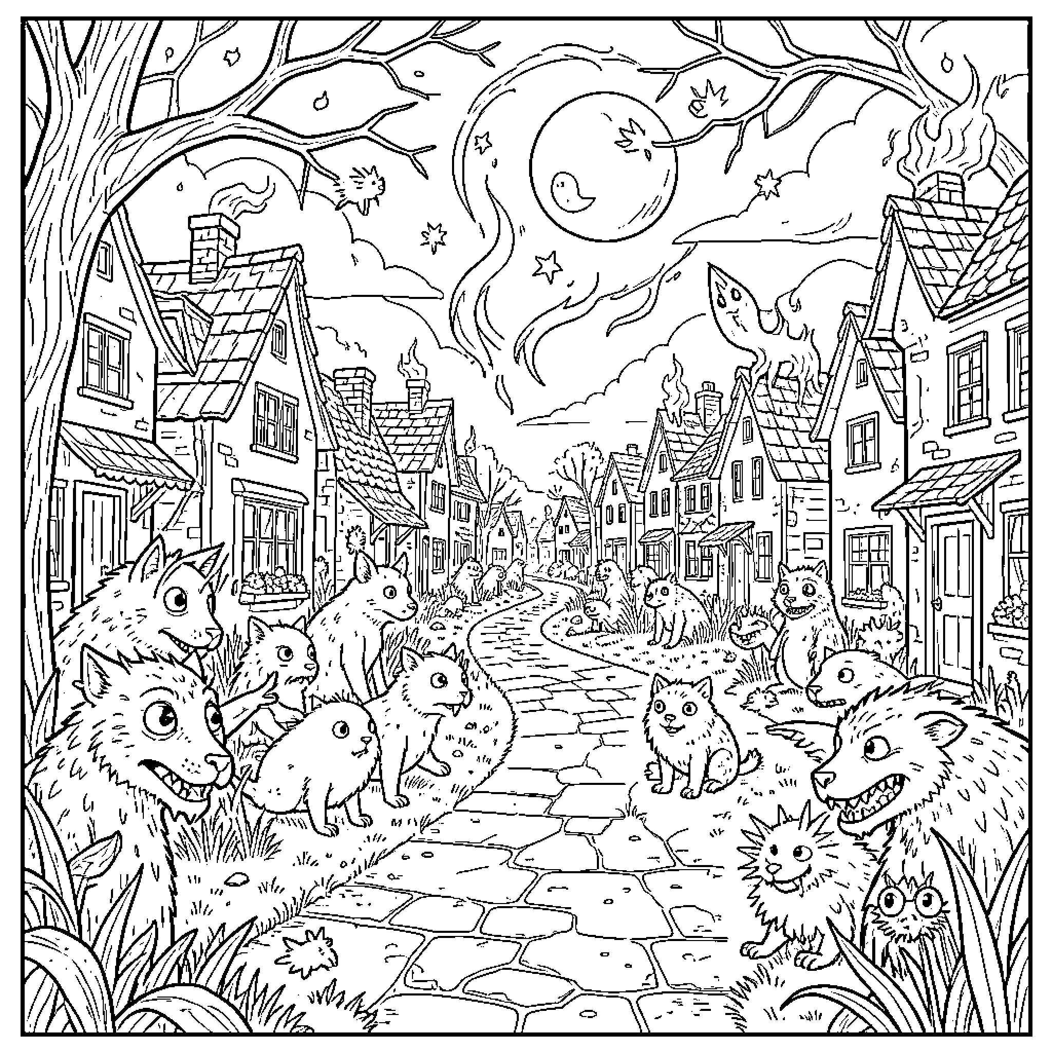 Stranger Things Whimsical Town with Magical Creatures Coloring Page (free black-and-white line drawing printable PDF for all, from beginners to advanced learners, including children, teens, adults, and seniors)