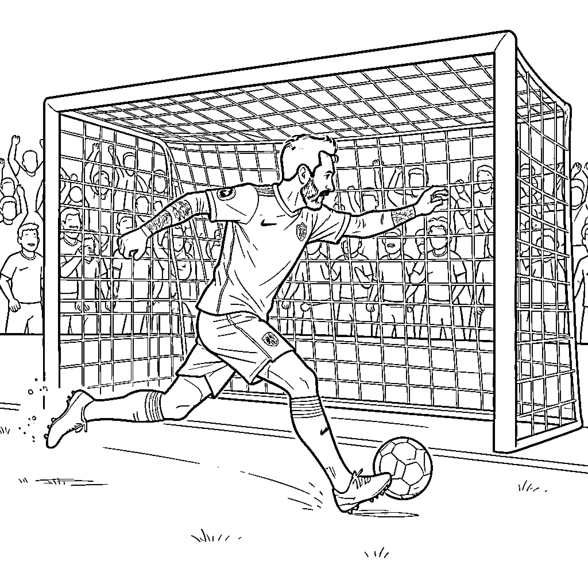 Lionel Messi kicking a soccer ball into the goal Coloring Page (free black-and-white line drawing printable PDF for all, from beginners to advanced learners, including children, teens, adults, and seniors)