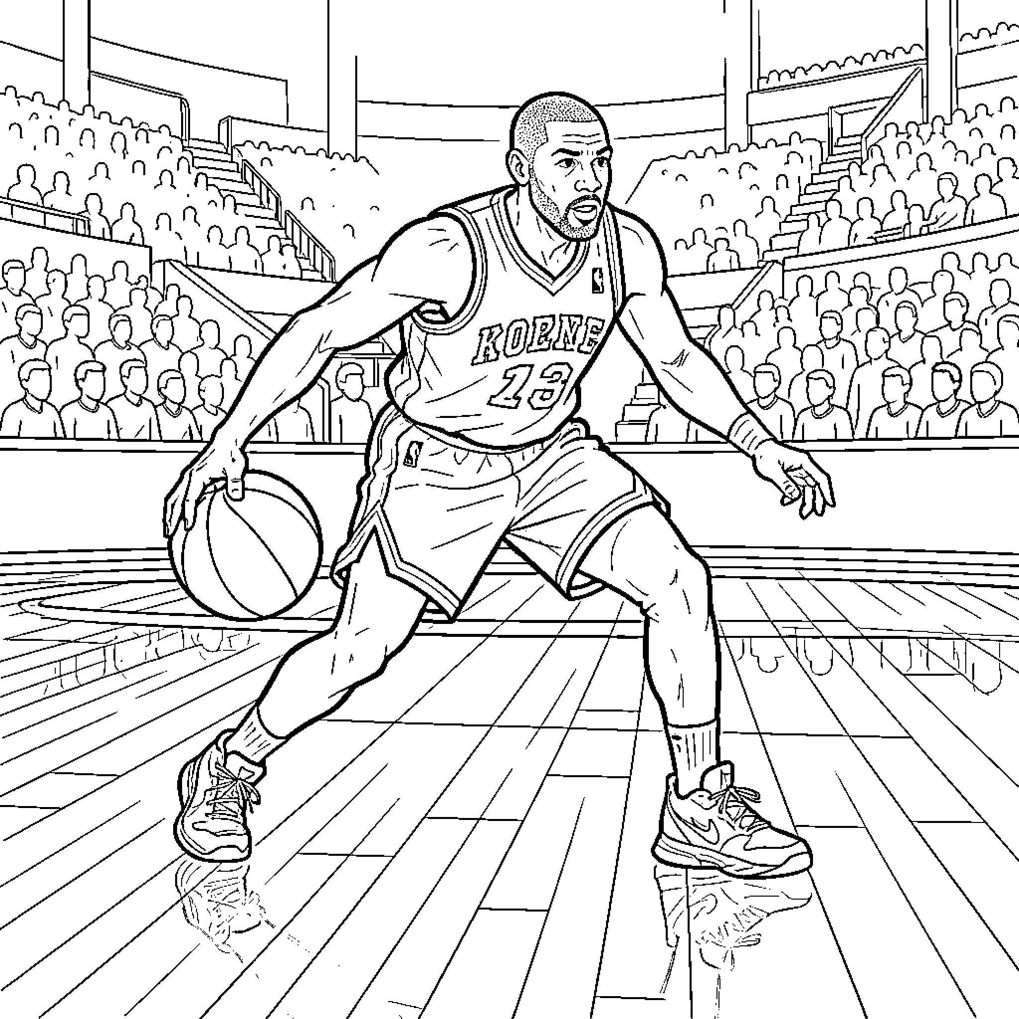 Kobe Bryant in action on basketball court Coloring Page (free black-and-white line drawing printable PDF for all, from beginners to advanced learners, including children, teens, adults, and seniors)