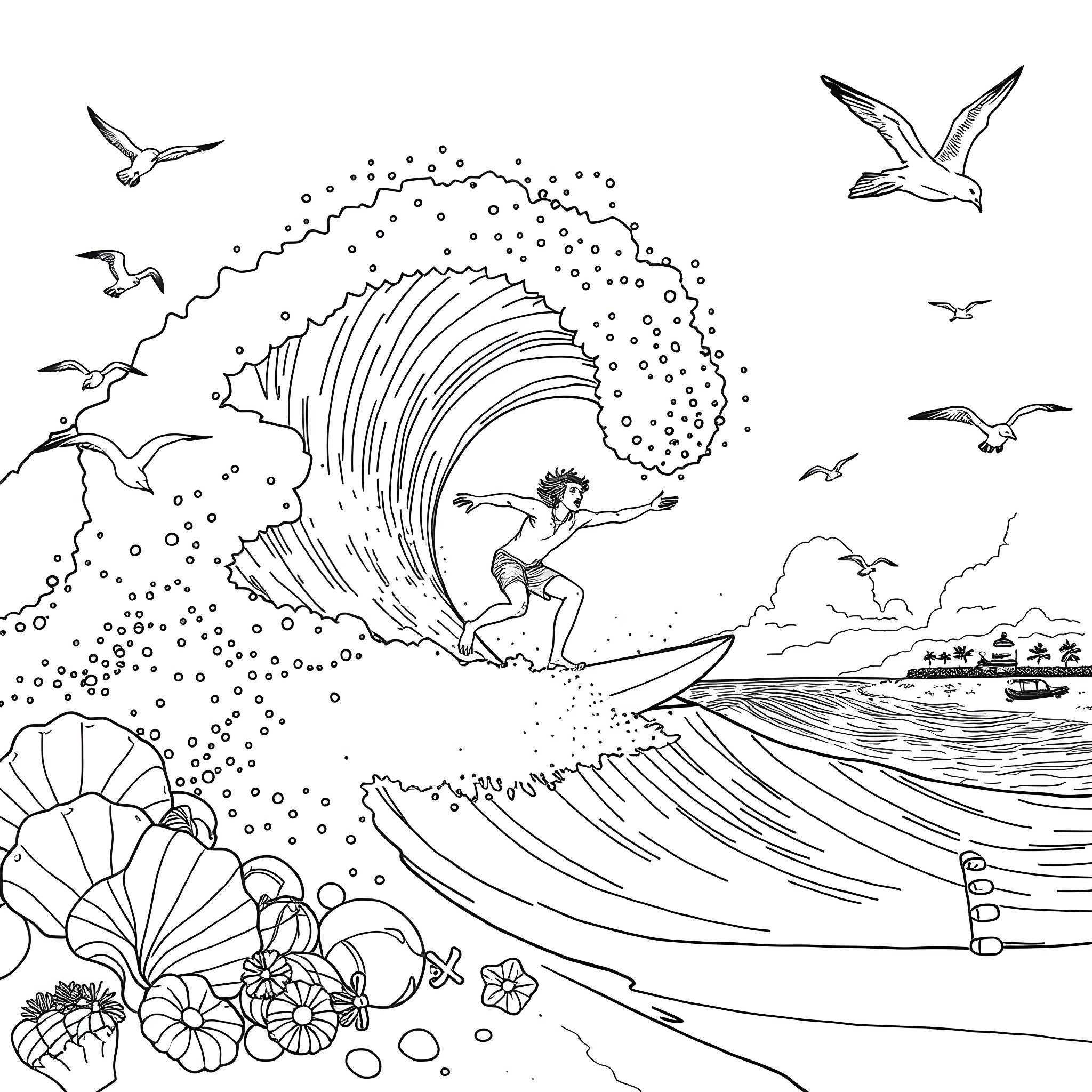 Andy Frasco Surfing Through Towering Waves Coloring Page (free black-and-white line drawing printable PDF for all, from beginners to advanced learners, including children, teens, adults, and seniors)