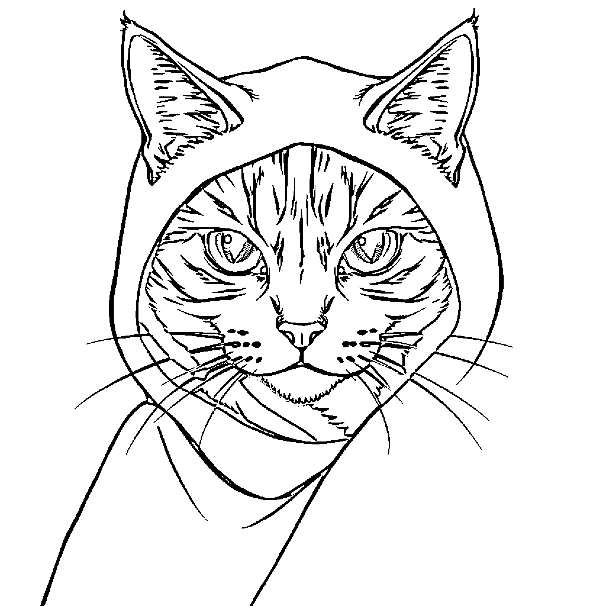 Katseye: Detailed sketch of a cat's face Coloring Page (free black-and-white line drawing printable PDF for all, from beginners to advanced learners, including children, teens, adults, and seniors)
