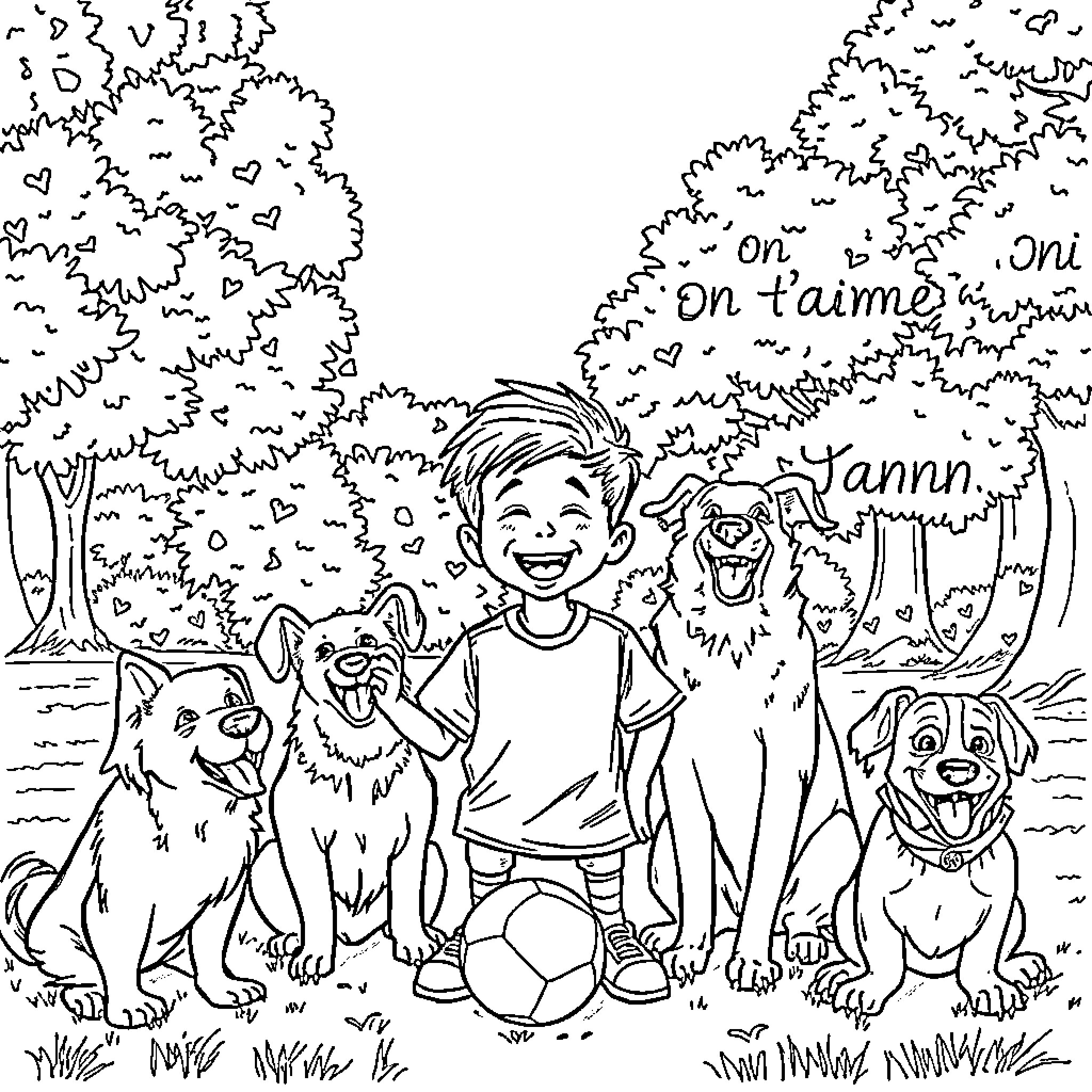 Boy playing happily with his pet dogs in the park Coloring Page (free black-and-white line drawing printable PDF for all, from beginners to advanced learners, including children, teens, adults, and seniors)
