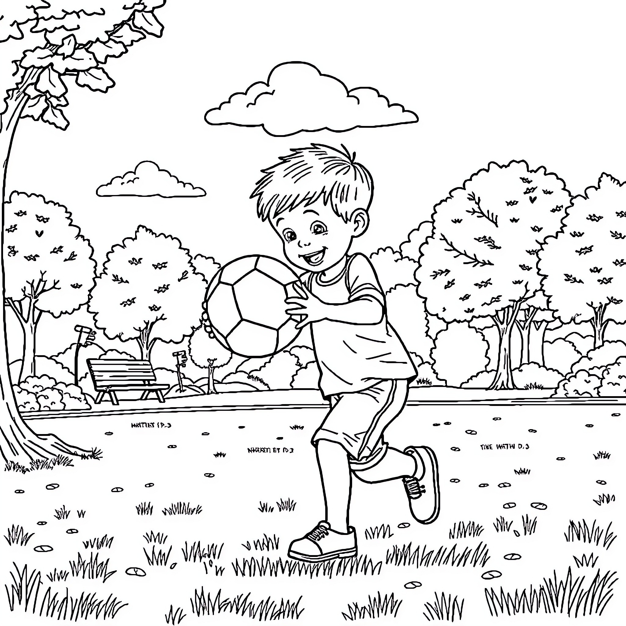 Boy playing with soccer ball in park Coloring Page (free black-and-white line drawing printable PDF for all, from beginners to advanced learners, including children, teens, adults, and seniors)