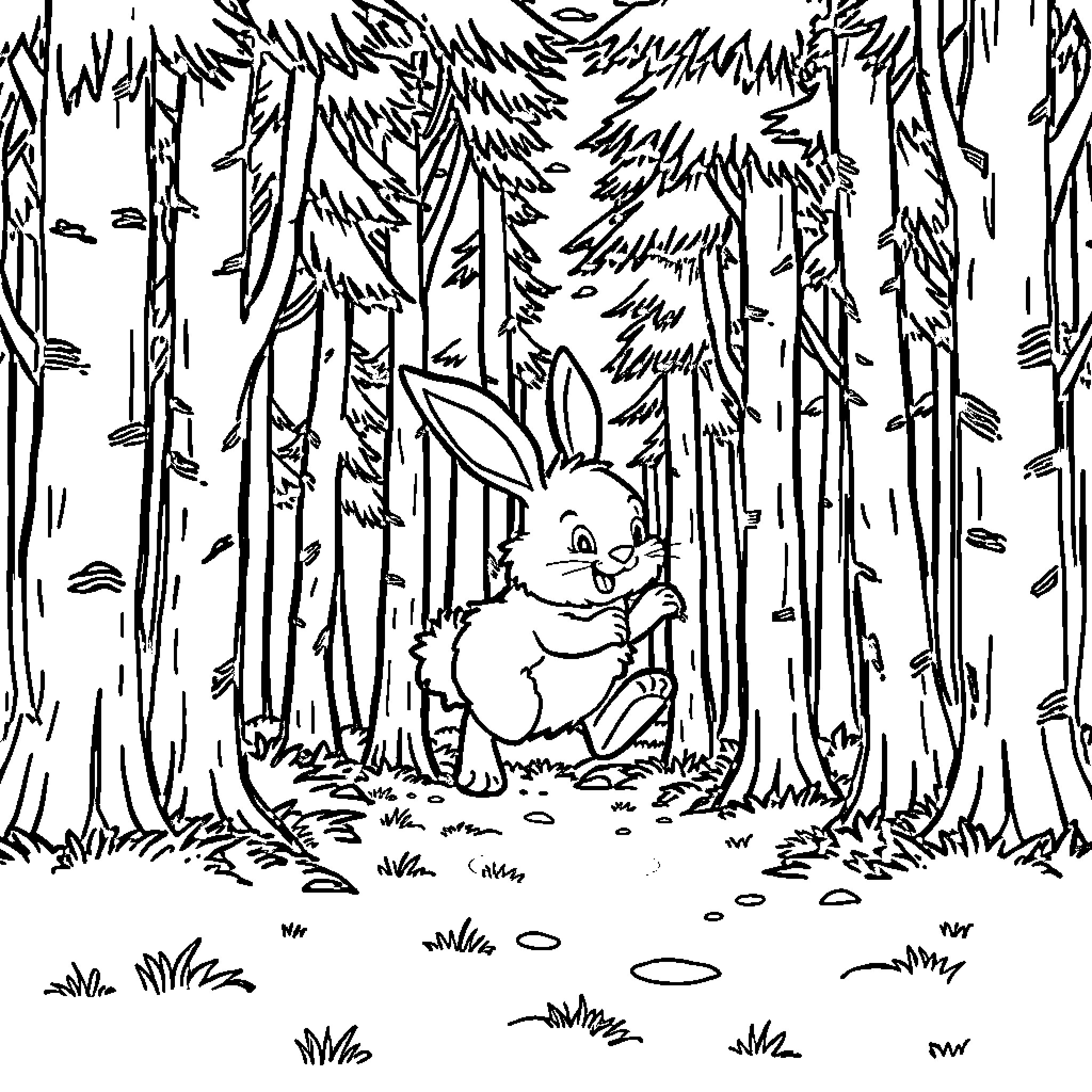 Bunny hiding in the enchanted forest Coloring Page (free black-and-white line drawing printable PDF for all, from beginners to advanced learners, including children, teens, adults, and seniors)