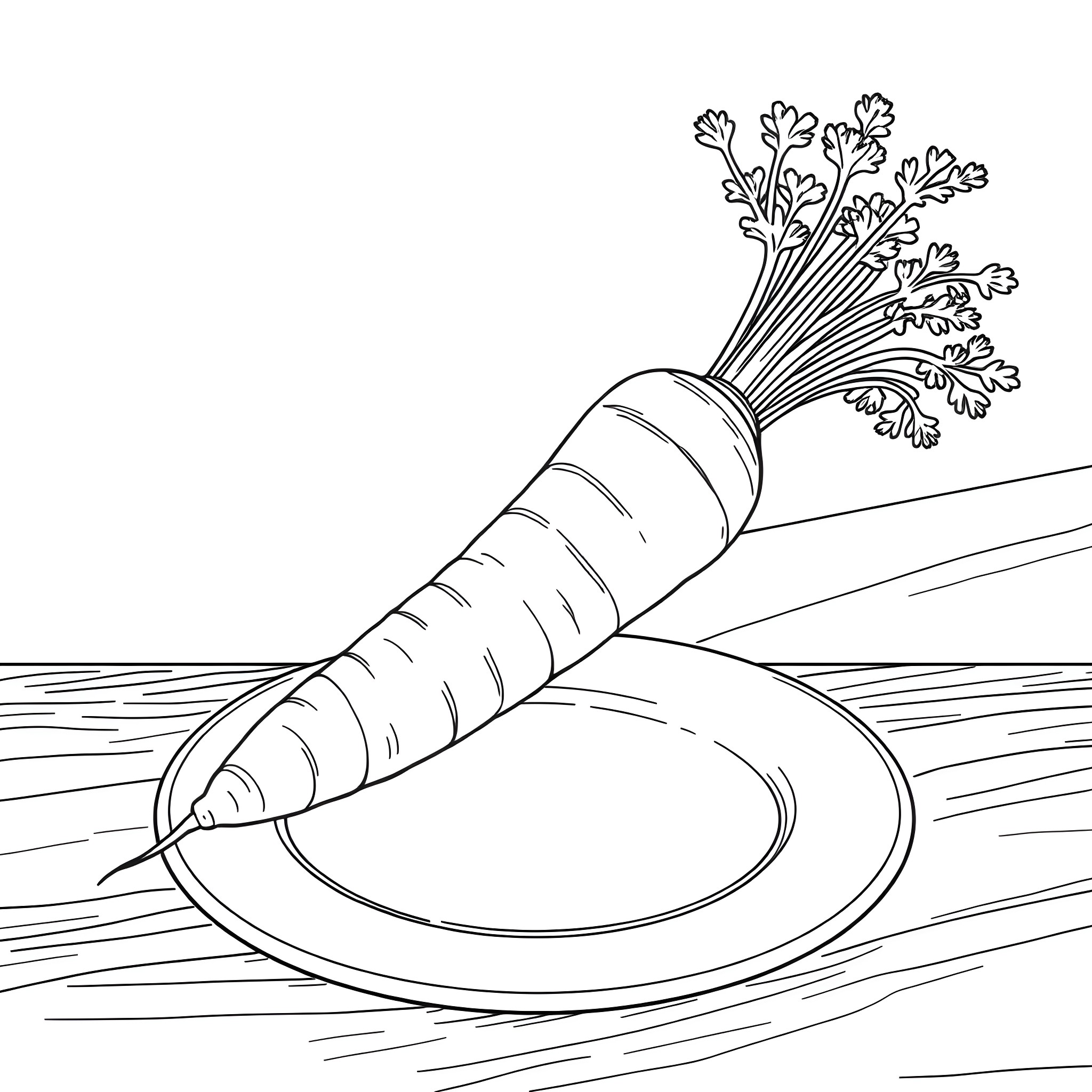 Carrot on a plate with leaves Coloring Page (free black-and-white line drawing printable PDF for all, from beginners to advanced learners, including children, teens, adults, and seniors)