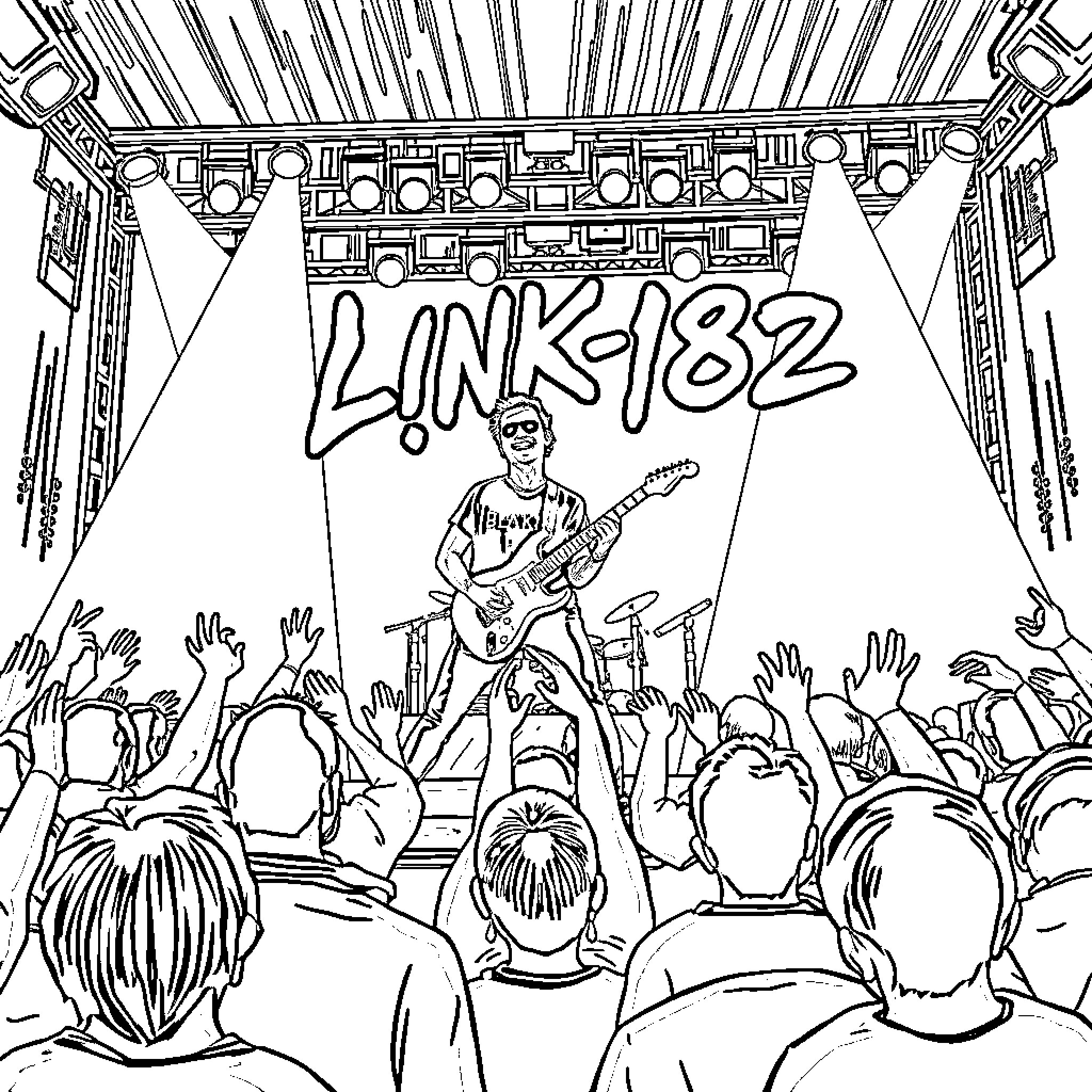 Blink 182 Performing Before Excited Crowd Coloring Page (free black-and-white line drawing printable PDF for all, from beginners to advanced learners, including children, teens, adults, and seniors)
