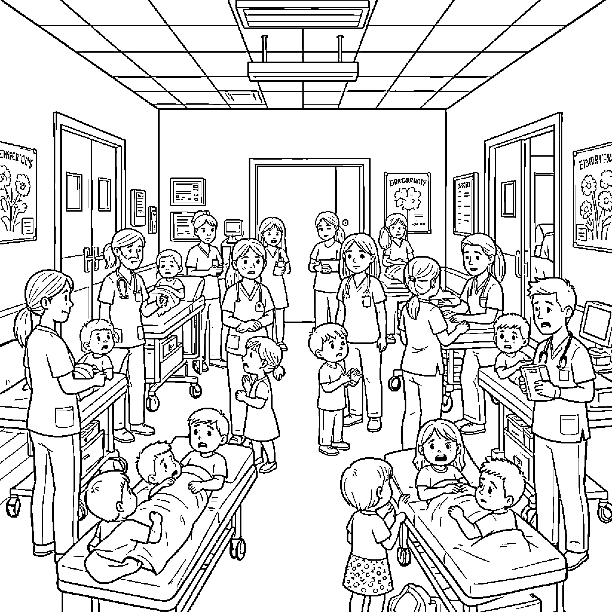 Hospital staff tending to patients in a busy ward Coloring Page (free black-and-white line drawing printable PDF for all, from beginners to advanced learners, including children, teens, adults, and seniors)