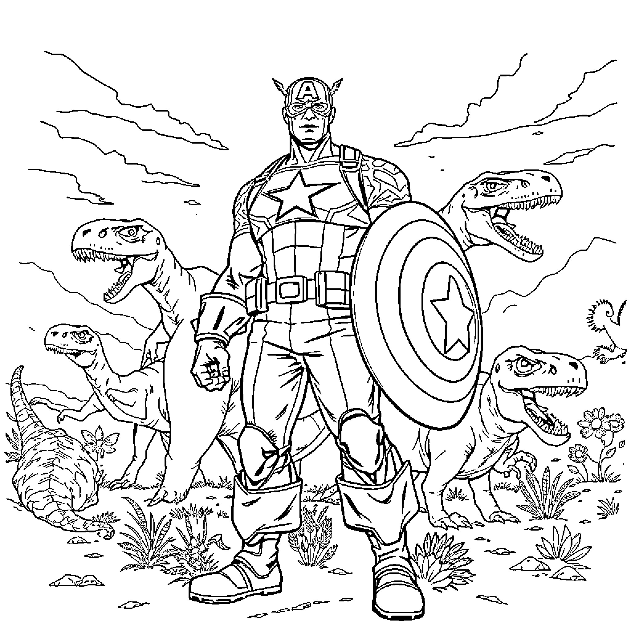Captain America Battles Fierce Dinosaurs in Jungle Terrain Coloring Page (free black-and-white line drawing printable PDF for all, from beginners to advanced learners, including children, teens, adults, and seniors)