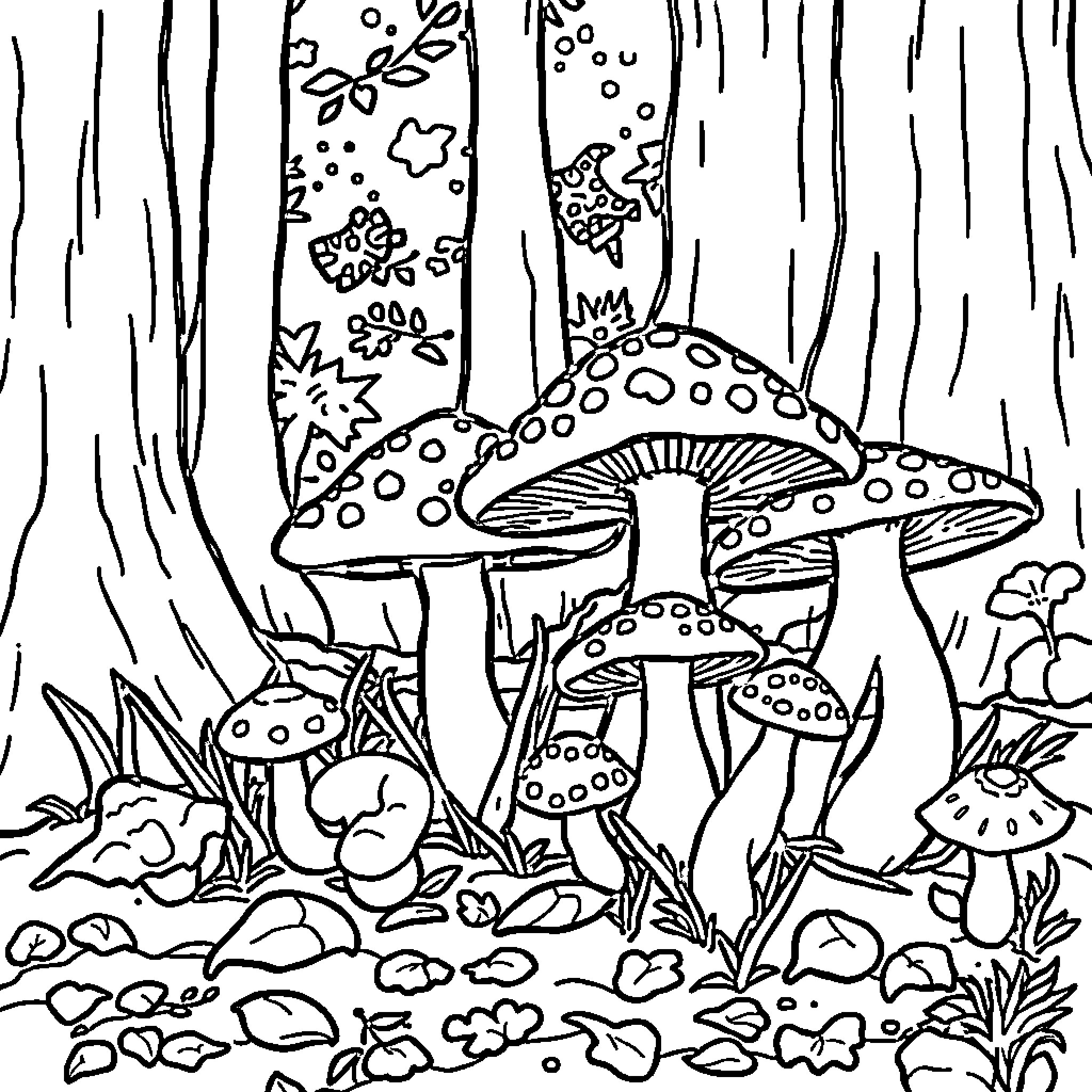 Fungi in the enchanted forest Coloring Page (free black-and-white line drawing printable PDF for all, from beginners to advanced learners, including children, teens, adults, and seniors)