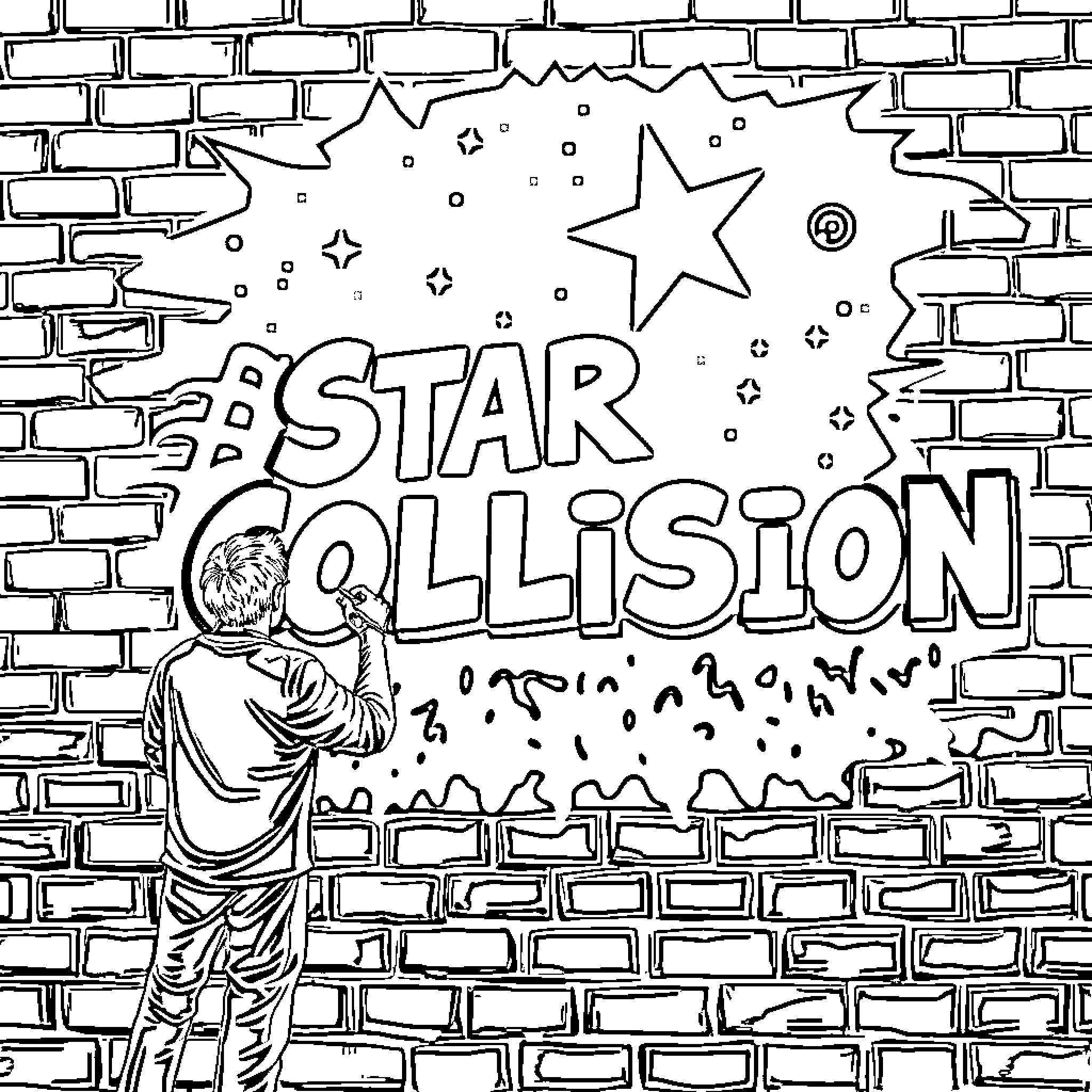 Star Collision: Graffiti Artist Spraying on Brick Wall Coloring Page (free black-and-white line drawing printable PDF for all, from beginners to advanced learners, including children, teens, adults, and seniors)