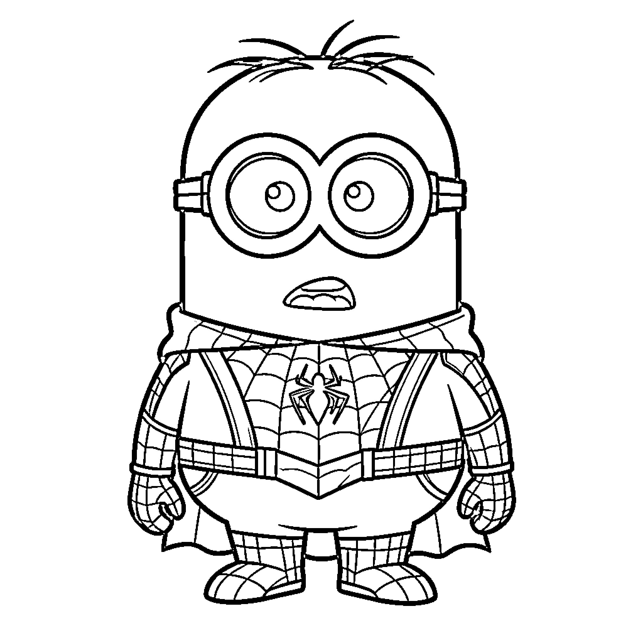 Minion wearing a superhero costume with a cape Coloring Page (free black-and-white line drawing printable PDF for all, from beginners to advanced learners, including children, teens, adults, and seniors)