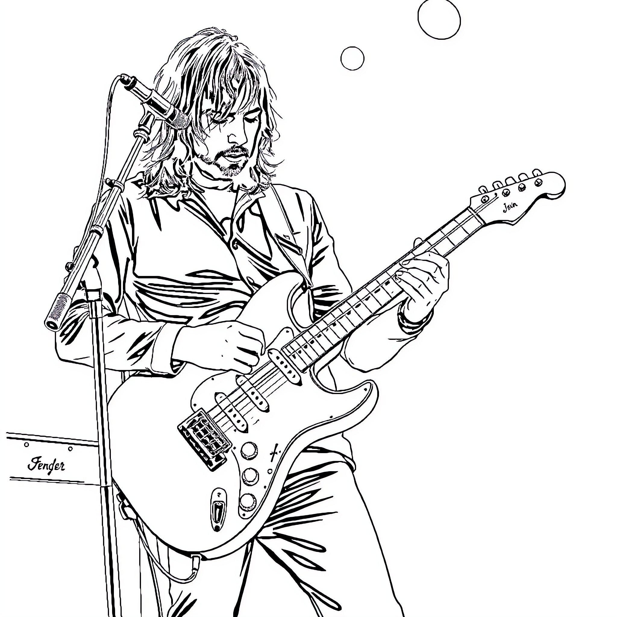 John Frusciante playing guitar on stage with passion Coloring Page (free black-and-white line drawing printable PDF for all, from beginners to advanced learners, including children, teens, adults, and seniors)