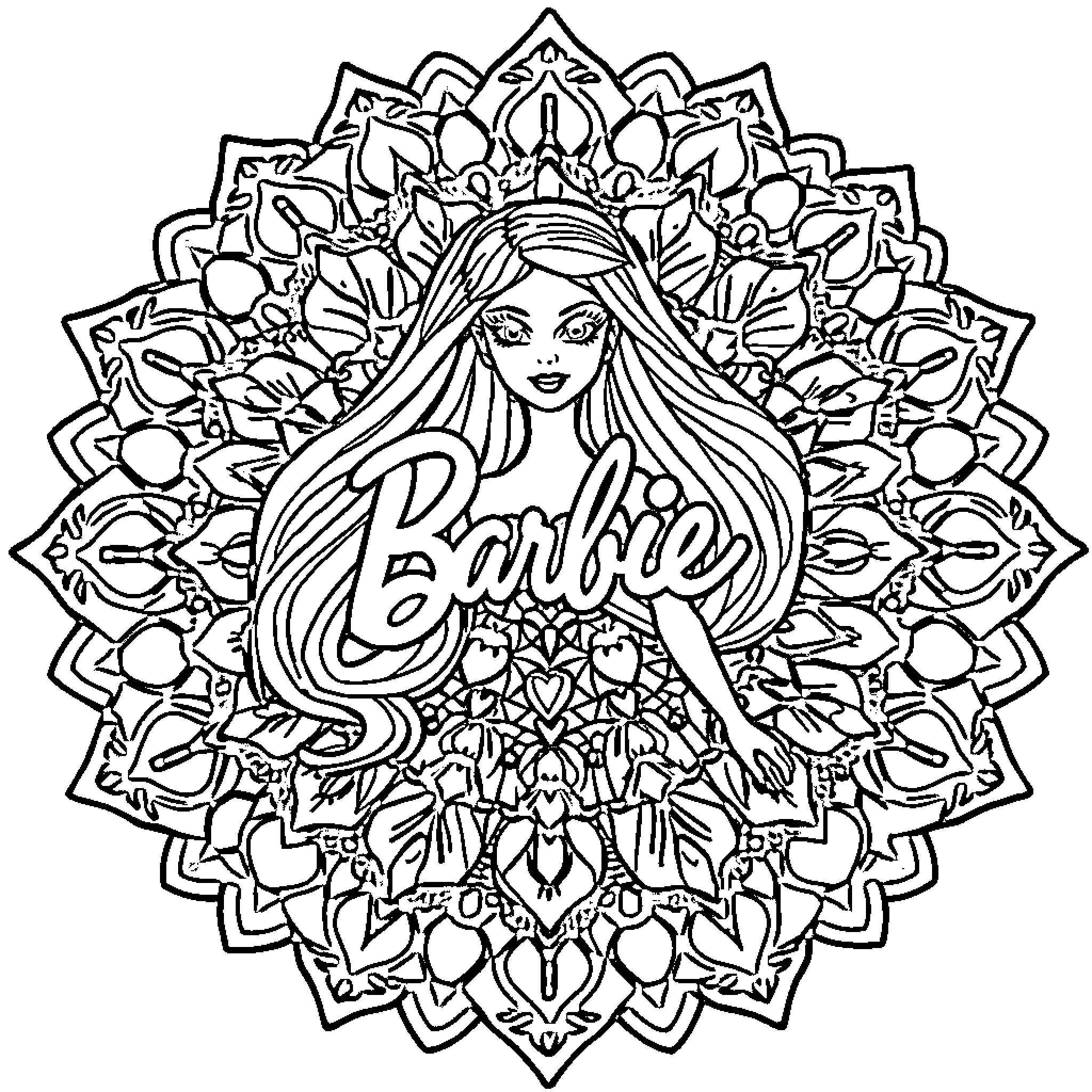Barbie posing within an ornate mandala frame Coloring Page (free black-and-white line drawing printable PDF for all, from beginners to advanced learners, including children, teens, adults, and seniors)