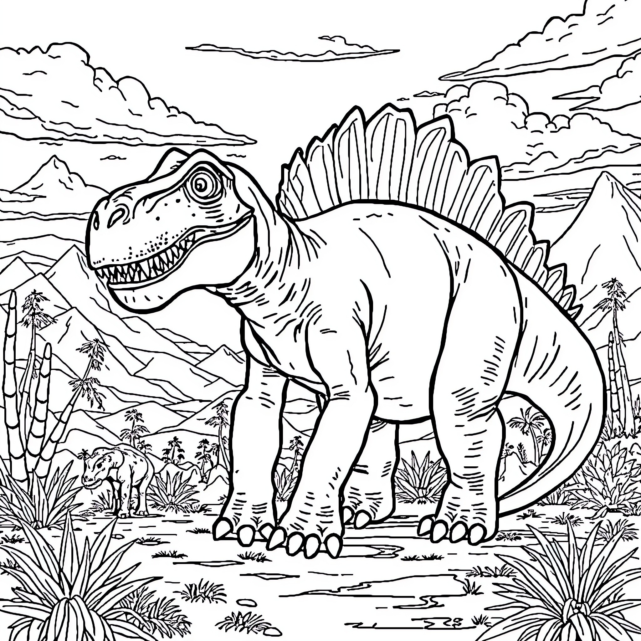 Dinosaur roaring in a prehistoric landscape Coloring Page (free black-and-white line drawing printable PDF for all, from beginners to advanced learners, including children, teens, adults, and seniors)