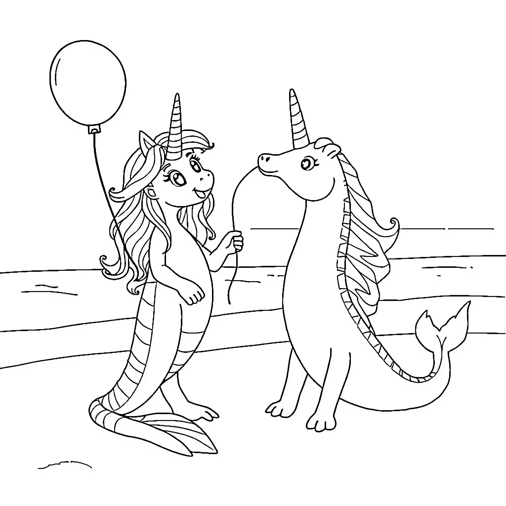 Unicorn friends enjoying a playful day outdoors Coloring Page (free black-and-white line drawing printable PDF for all, from beginners to advanced learners, including children, teens, adults, and seniors)